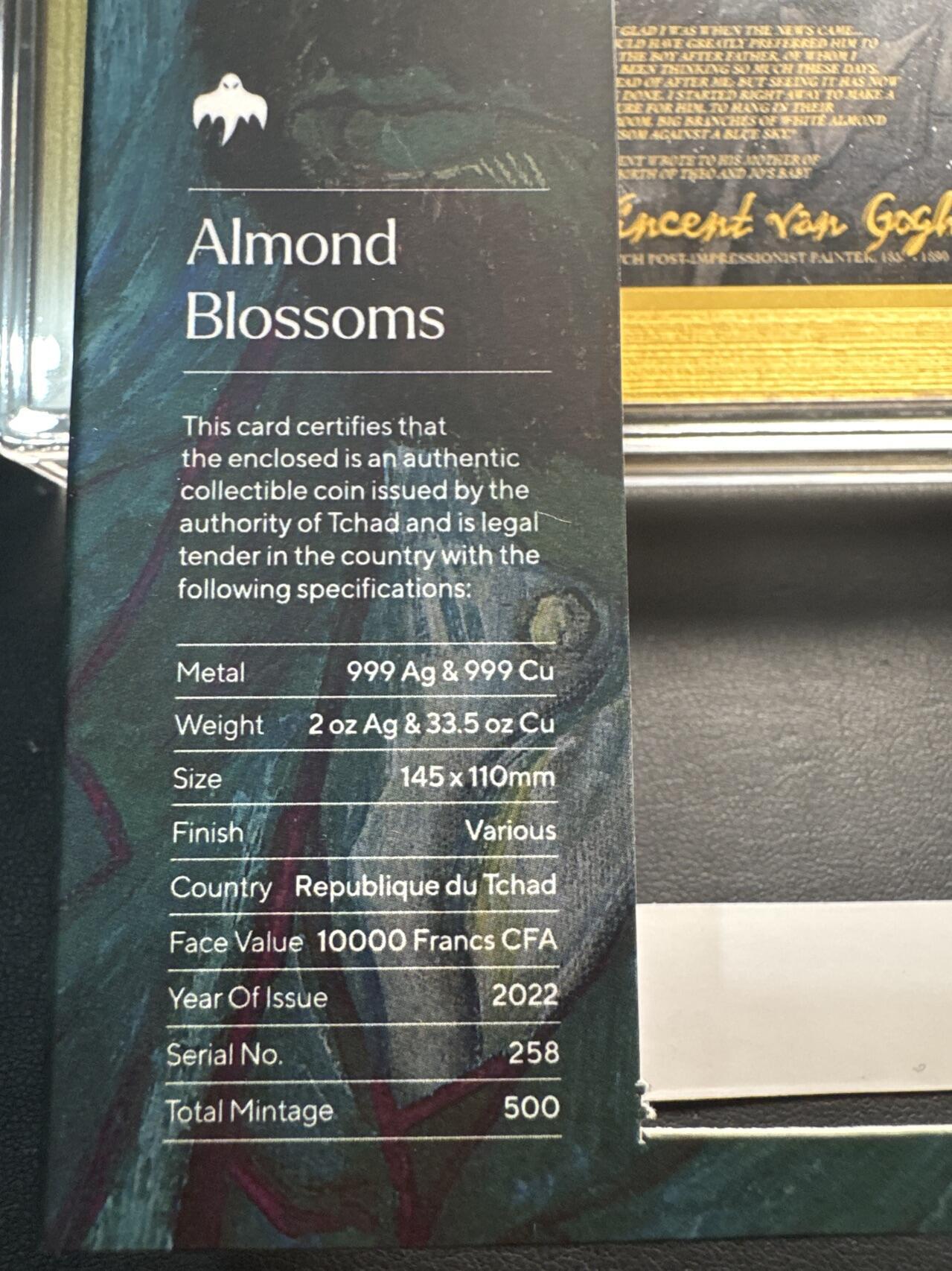 ❤️【币观天下】❤️ 第332期钱币拍卖- 2025.11.28周五晚上6点半场-长期征集拍品 乍得2022年梵高名画系列杏花2克银+35克铜145*110mm尺寸板砖银币