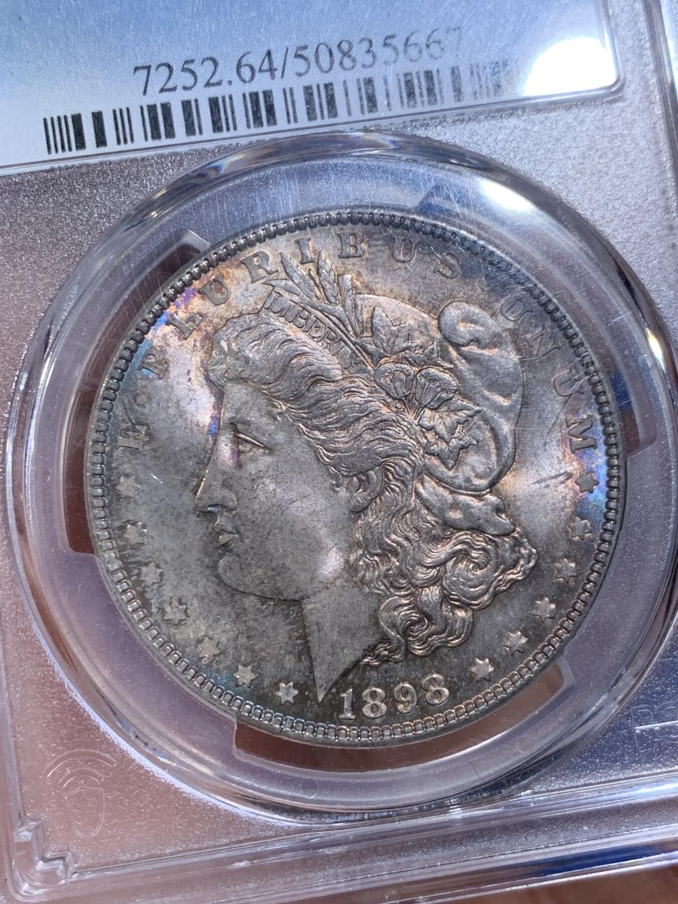 《竞宝斋》第442场 周日，周一，2场连拍 （全场包邮） PCGS MS64 美国 1898年摩根银币 单面幻彩 市场上比较少见的年份