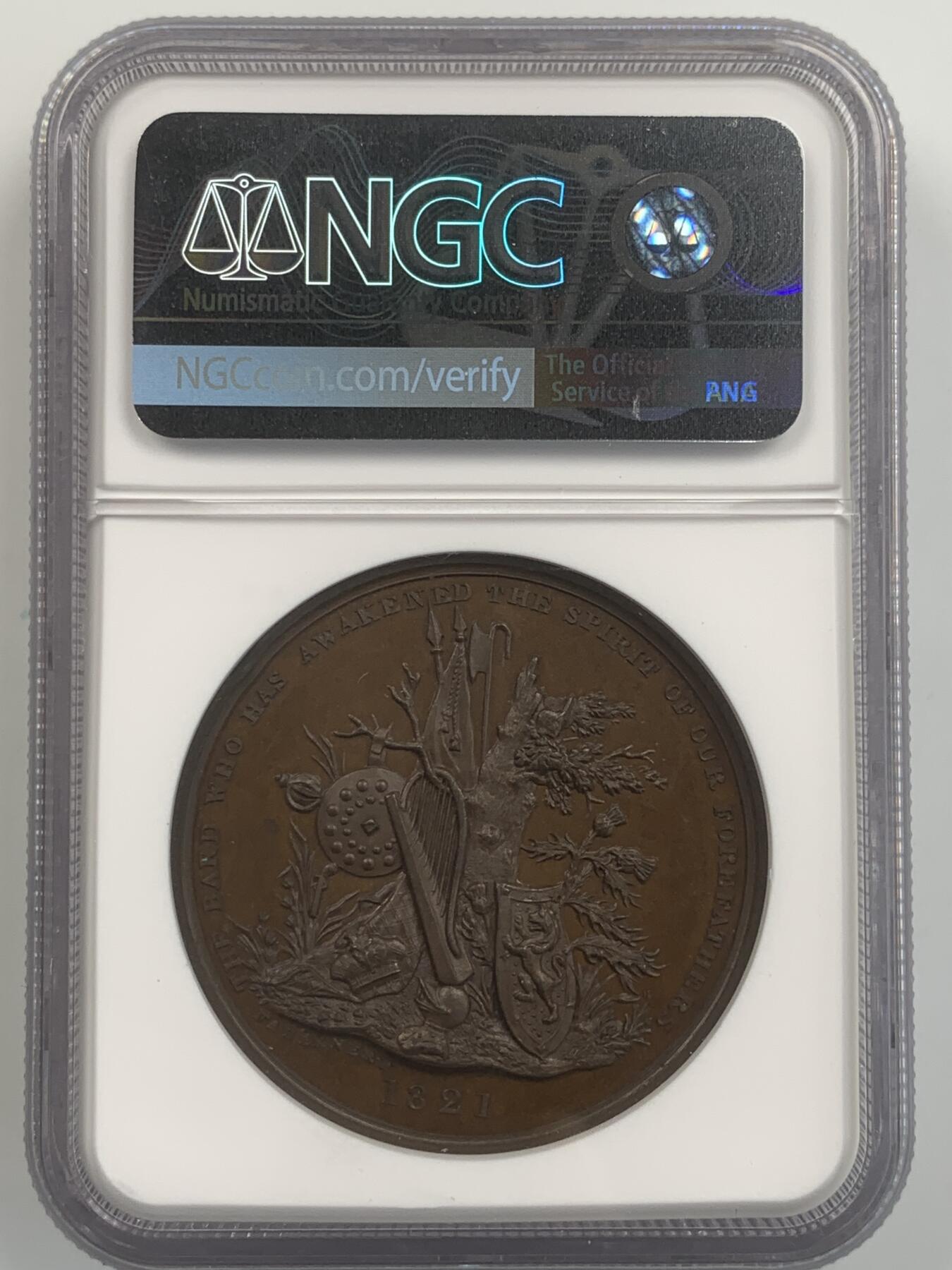 掌中浮雕-藏着的欧洲第043场 NGC MS63 : 1821年英国诗人司各特铜章，T. Webb and B. R. Faulkner雕刻, J. Mudie出品, 40.5mm，少见品种