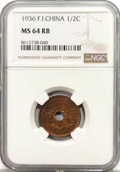 博洋堂世界钱币拍卖第149期（全场包邮） - NGC MS64RB 法属印支1936年1/2分铜币