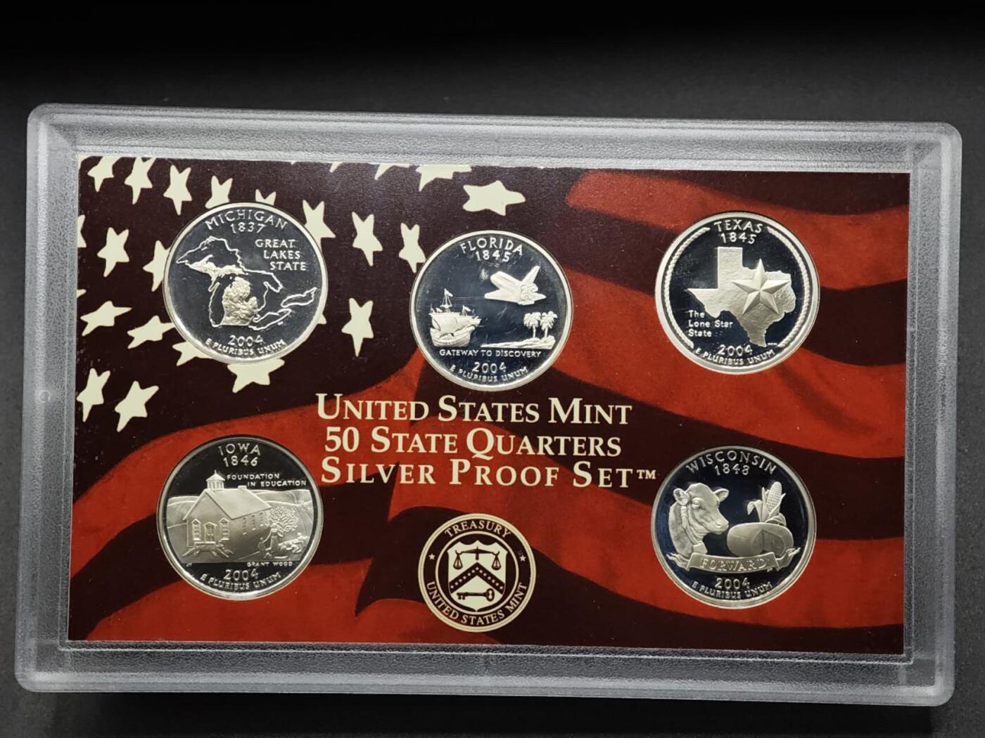 【淘币小摊】实时拍第八百零八拍   银币套币场   满百包邮可预留二周 每周一统一发货   美国2004年州币纪念精制银币5枚套每枚6.25克900银 银价321