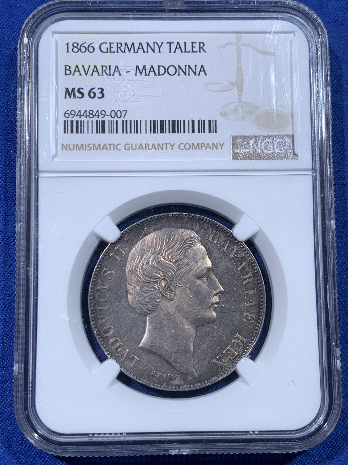 《竞宝斋》第442场 周日，周一，2场连拍 （全场包邮） NGC MS63 德国 巴伐利亚 1866 圣母抱婴泰勒 银币 玫瑰色包浆 十分养眼