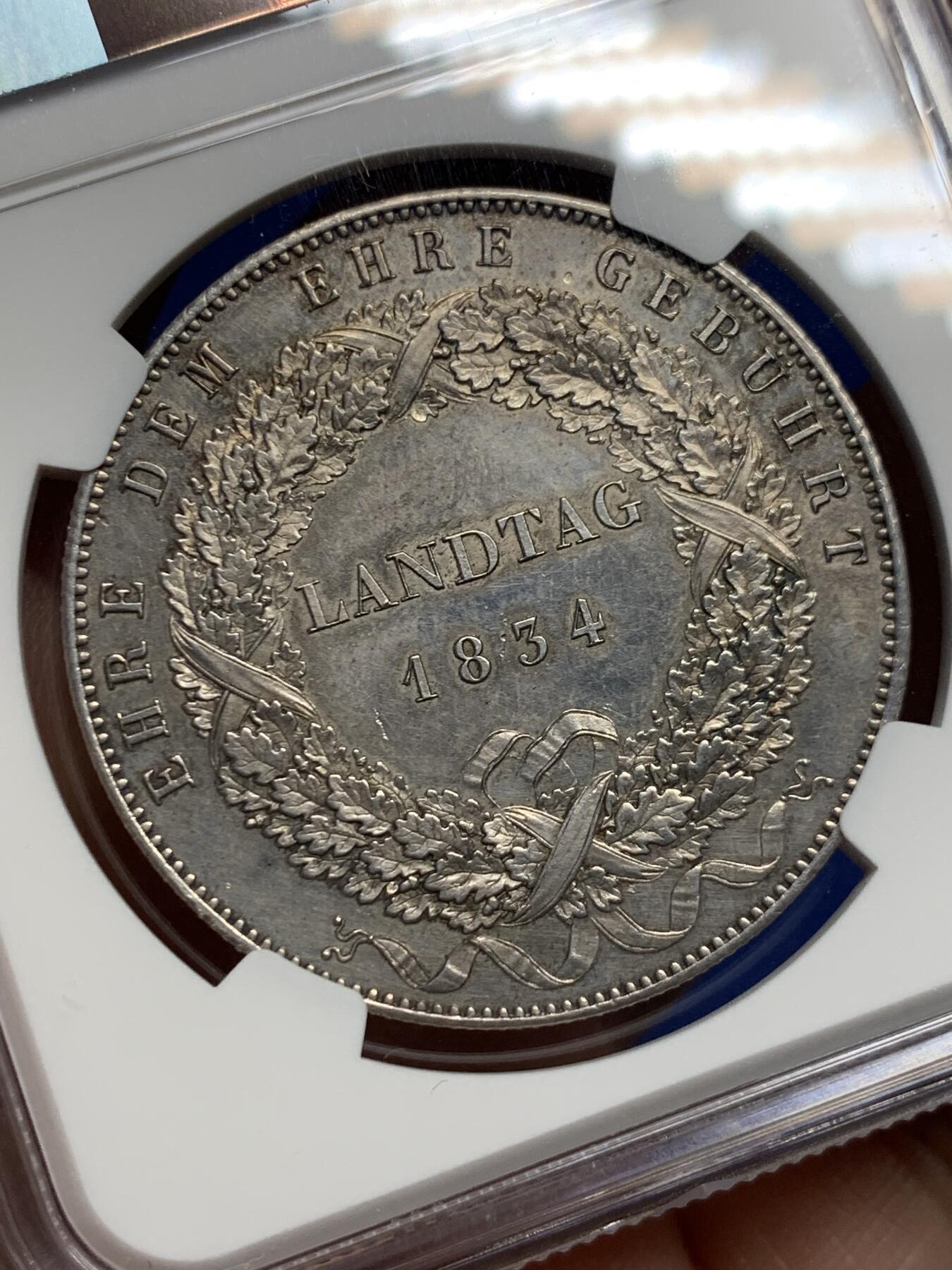 《竞宝斋》第442场 周日，周一，2场连拍 （全场包邮） NGC UNC 1834年德国巴伐利亚路德维希一世纪念历史学家大泰勒银币 感觉可以养养再冲击下评级