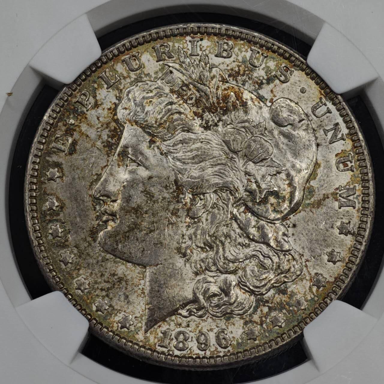 【淘币小摊】实时拍第八百零八拍   银币套币场   满百包邮可预留二周 每周一统一发货   美国1896年摩根银币双面五彩包浆 NGC AU58