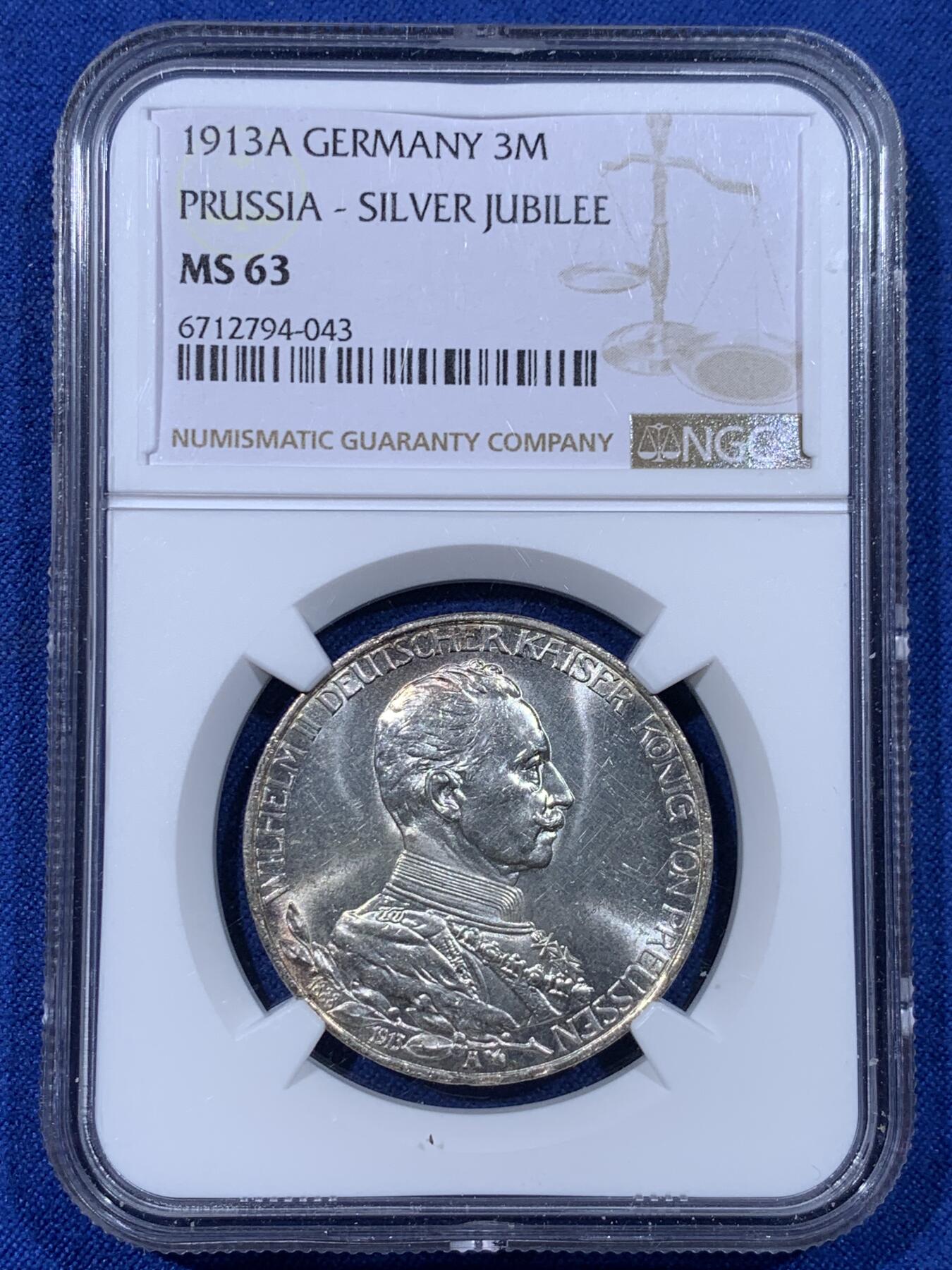 《竞宝斋》第442场 周日，周一，2场连拍 （全场包邮） NGC MS63 德国普鲁士1913年威廉二世即位25周年银禧纪念3马克银币 完整原光漂亮