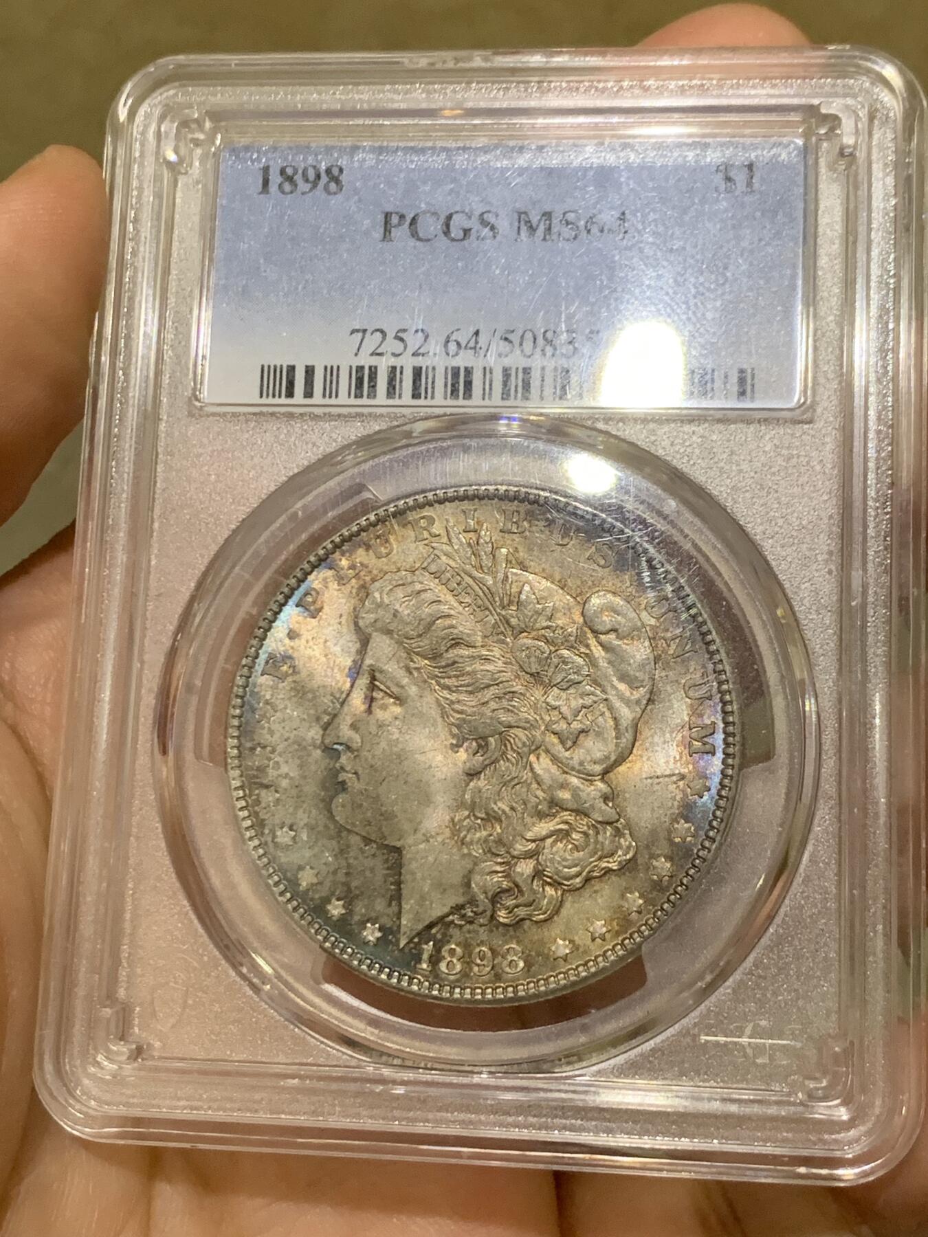 《竞宝斋》第442场 周日，周一，2场连拍 （全场包邮） PCGS MS64 美国 1898年摩根银币 单面幻彩 市场上比较少见的年份