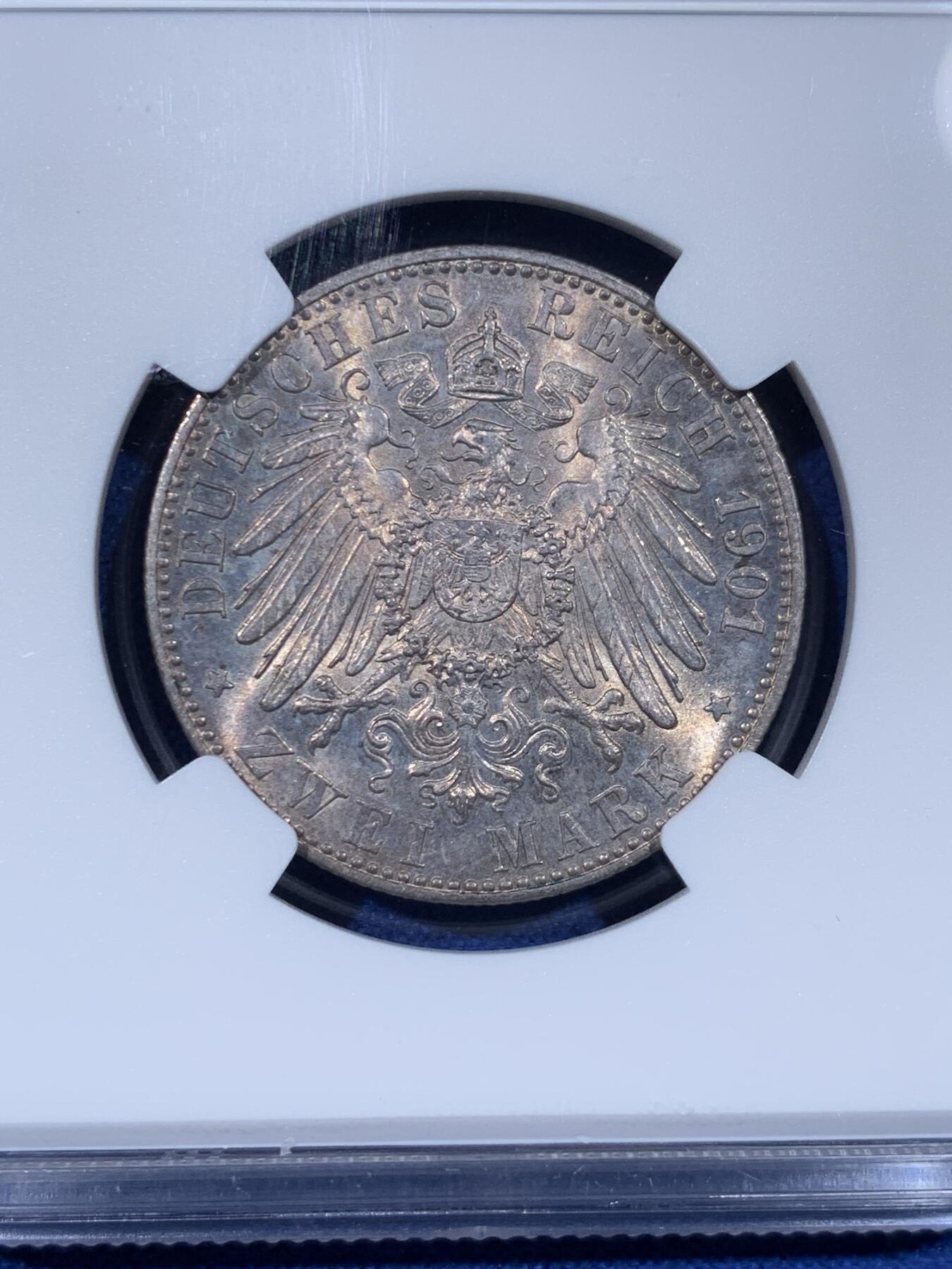 《竞宝斋》第442场 周日，周一，2场连拍 （全场包邮） NGC MS62 德国1901年普鲁士建国纪念2马克银币