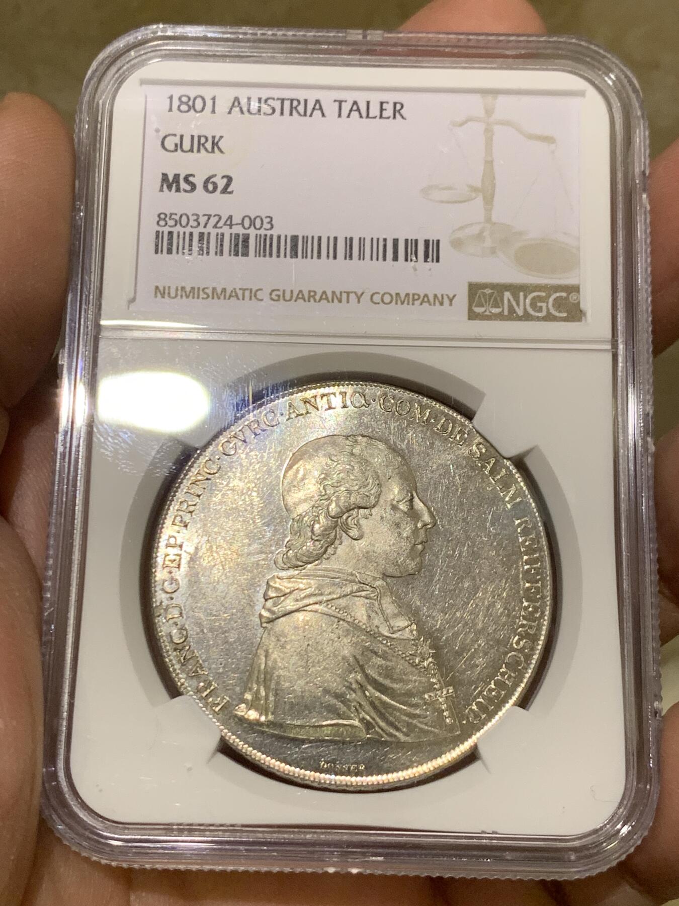 《竞宝斋》第442场 周日，周一，2场连拍 （全场包邮） NGC MS62 奥地利GURK 1801年 1泰勒银币 较少见单年品种 白净光度好