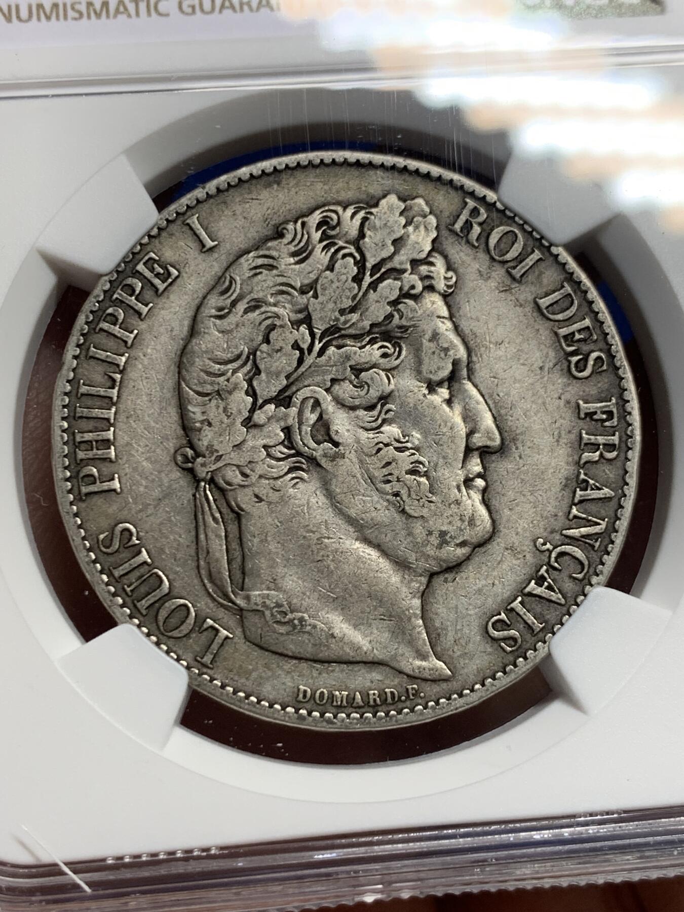 《竞宝斋》第442场 周日，周一，2场连拍 （全场包邮） NGC XF40 法国1847年A巴黎厂 菲利普一世5法郎大银币 原味包浆 味道很好 细节不错