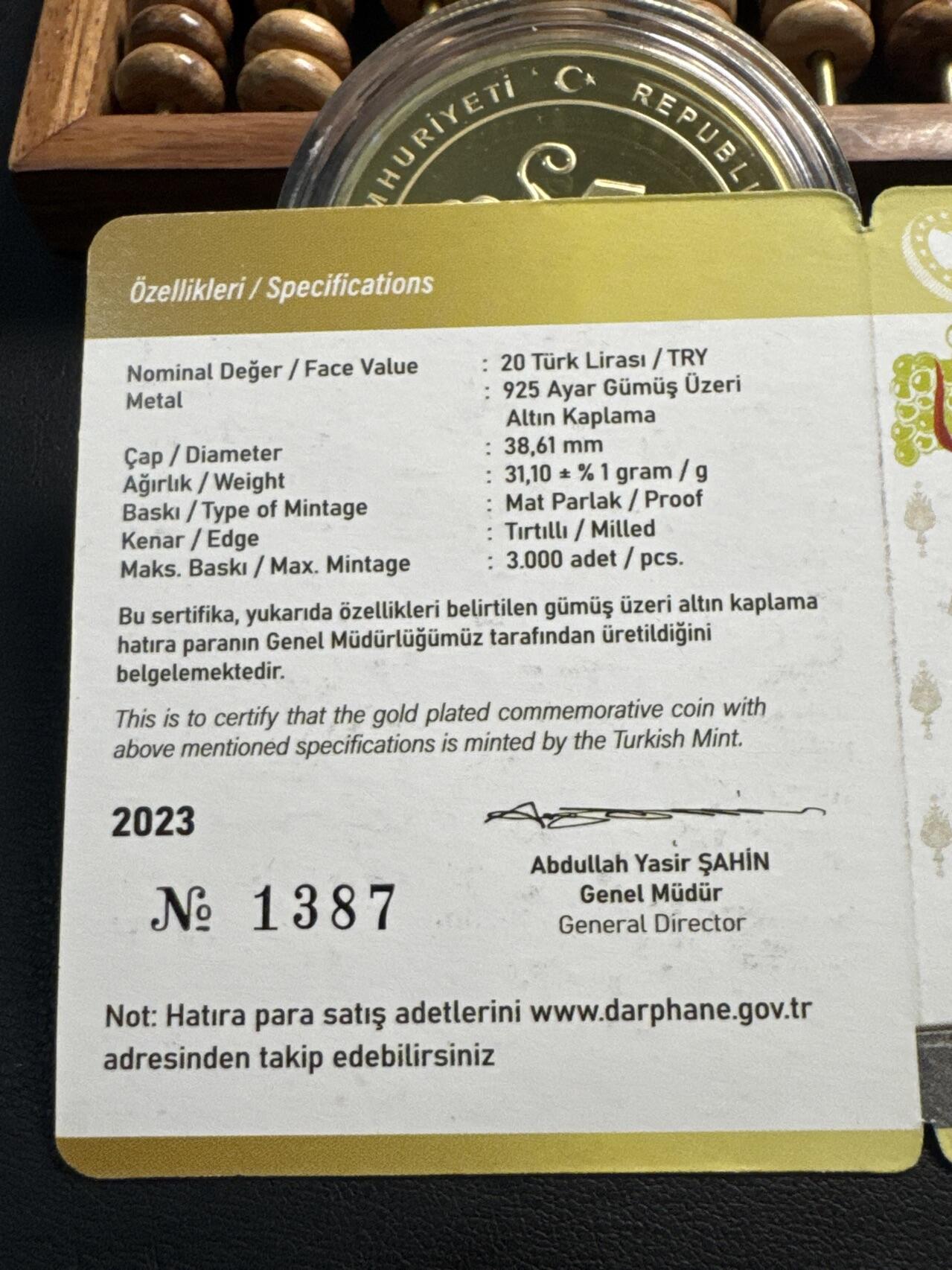 ❤️【币观天下】❤️ 第332期钱币拍卖- 2025.11.28周五晚上6点半场-长期征集拍品 土耳其2023年萨瓦里德苏丹基金会镀金精制纪念银币发行量3000枚31.1克带证书