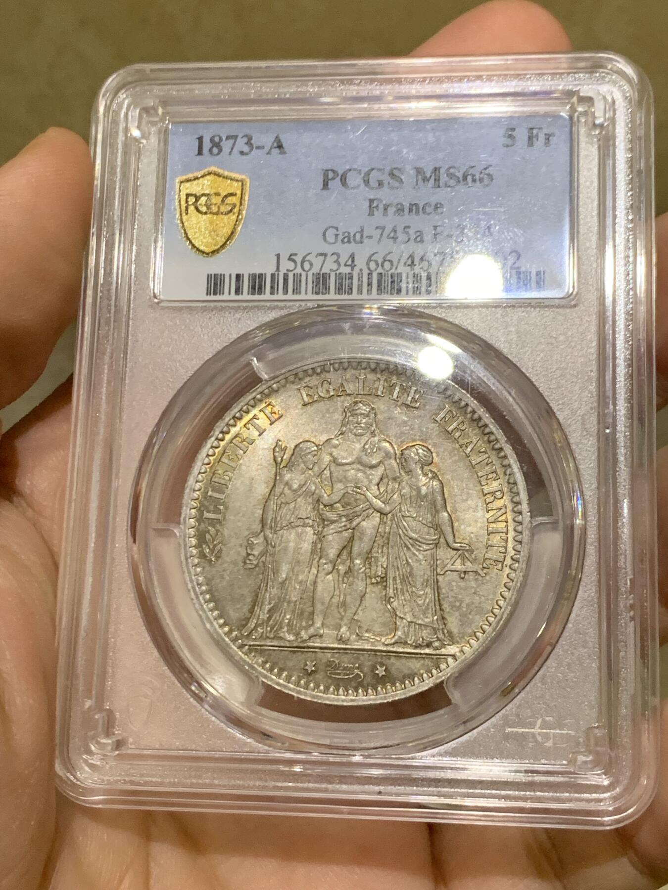 《竞宝斋》第442场 周日，周一，2场连拍 （全场包邮） PCGS MS66 原光金彩法国1873年大力神5法郎银币，高分少见