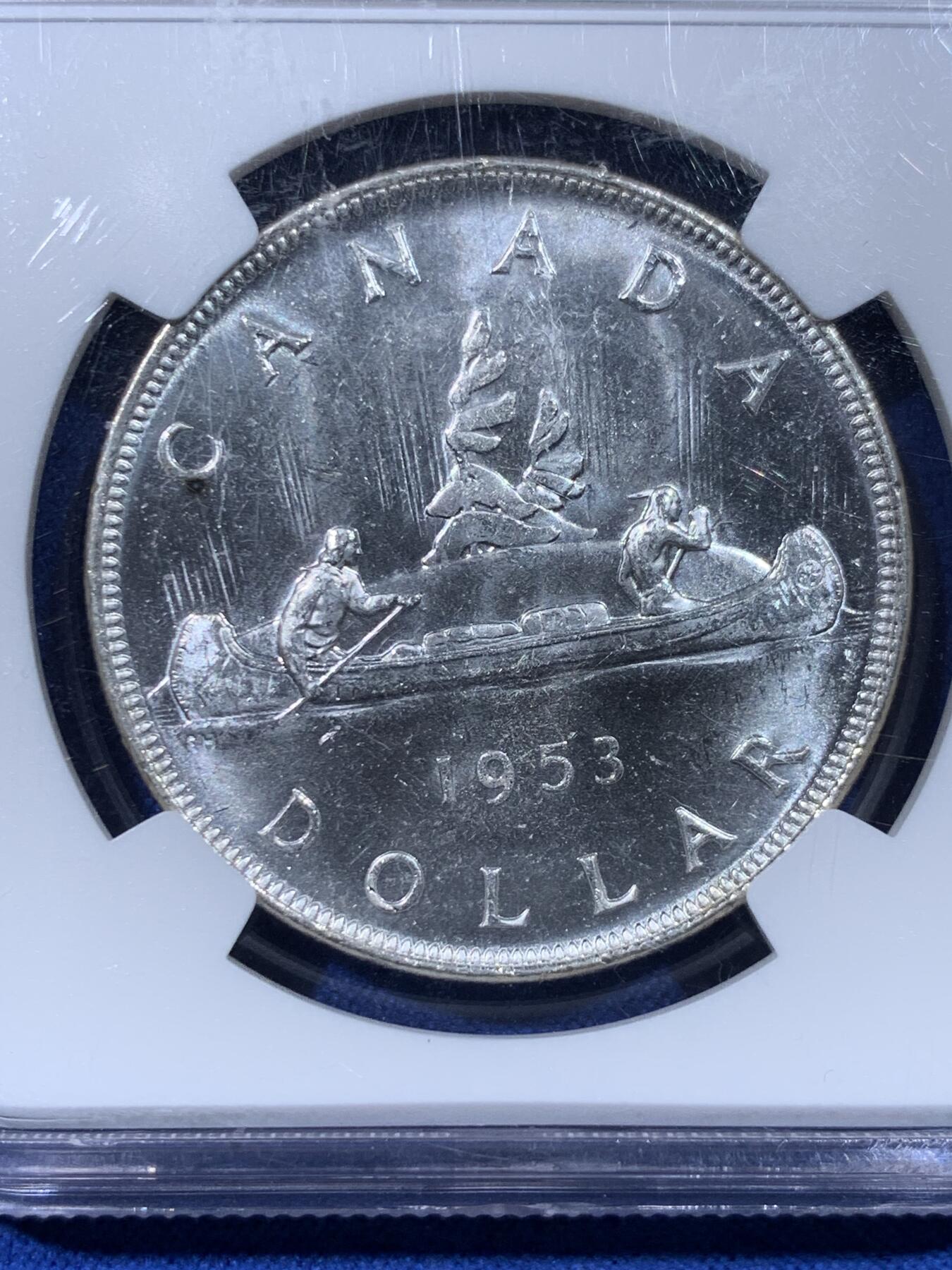 《竞宝斋》第442场 周日，周一，2场连拍 （全场包邮） NGC MS64 加拿大 1953 伊丽莎白女王年轻头像 划船一元银币