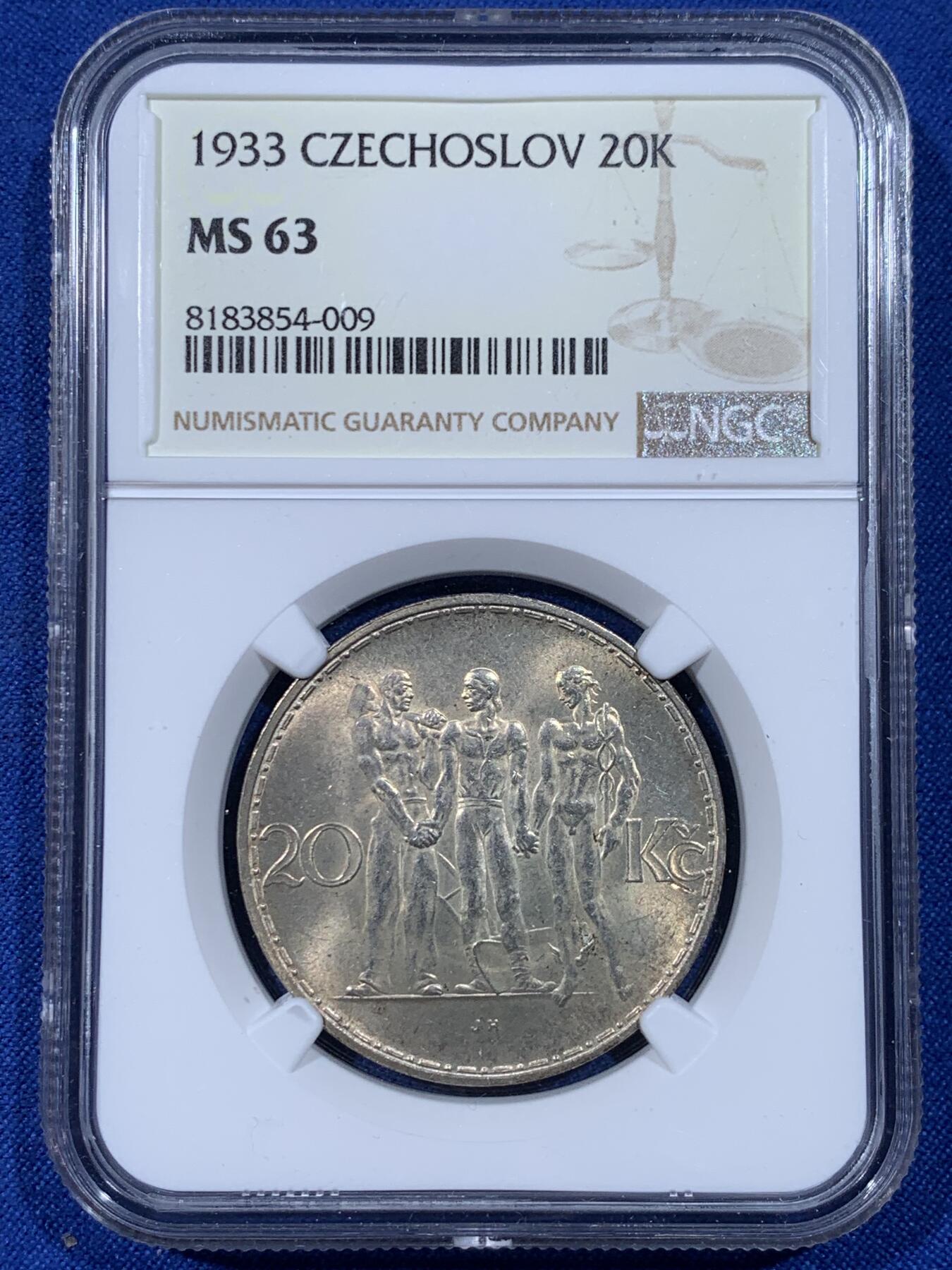 《竞宝斋》第442场 周日，周一，2场连拍 （全场包邮） NGC MS63 捷克斯洛伐克1933年20克朗银币 雕刻精细的盾徽 漂亮的淡黄包浆