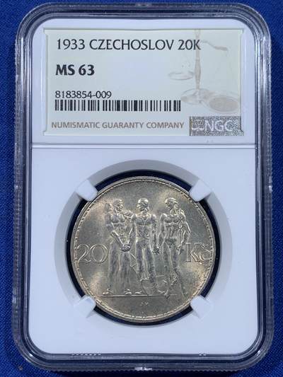 《竞宝斋》第442场 周日，周一，2场连拍 （全场包邮） - NGC MS63 捷克斯洛伐克1933年20克朗银币 雕刻精细的盾徽 漂亮的淡黄包浆