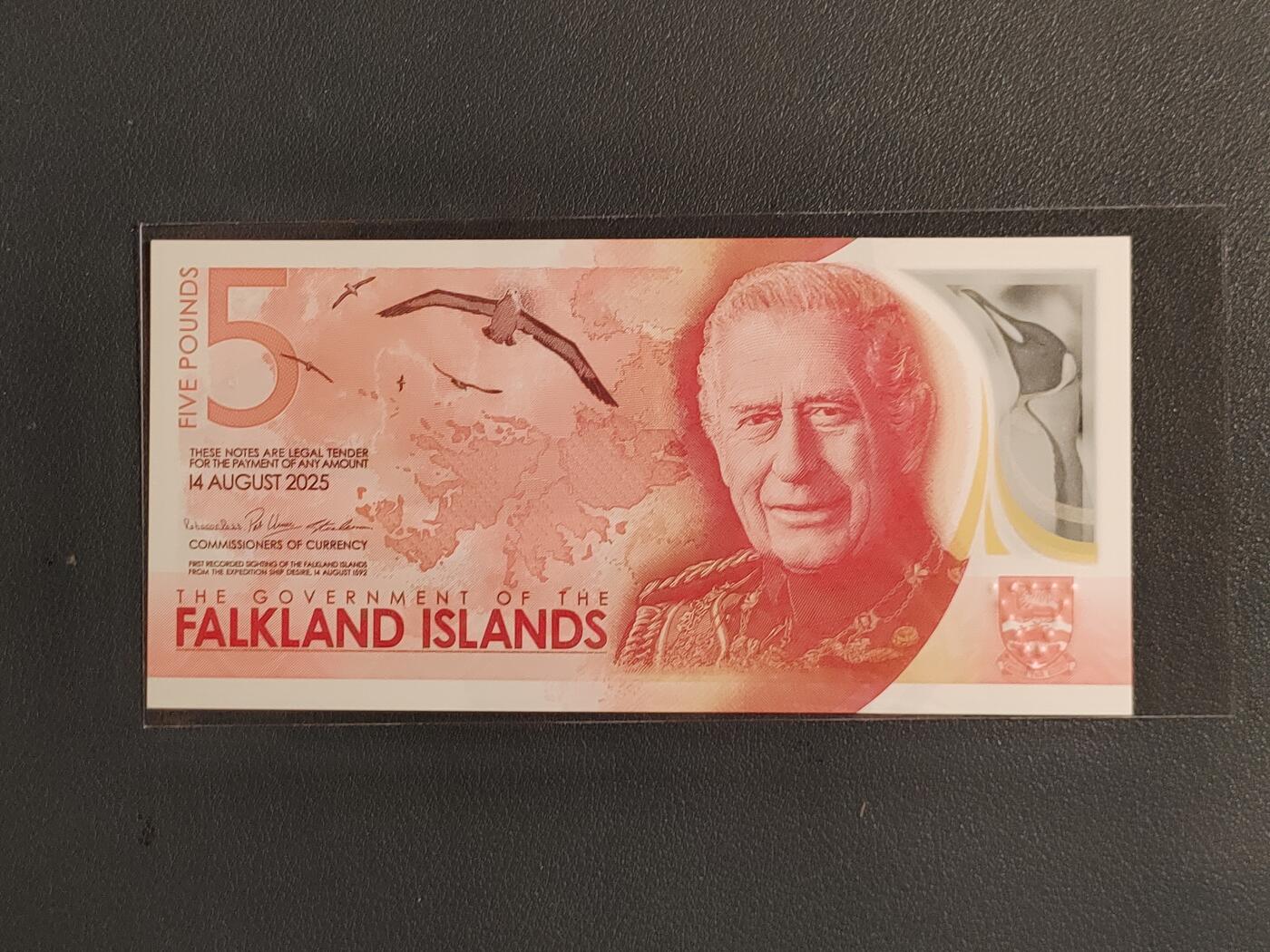 中外各国钞、纪念钞、券专场（第三十四场） 福克兰群岛5镑 塑料钞 2025年 A冠千位号 全新（号码寓意见尾图）