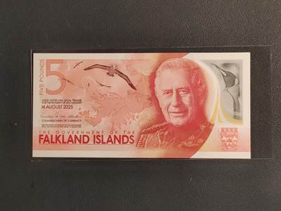 中外各国钞、纪念钞、券专场（第三十四场） - 福克兰群岛5镑 塑料钞 2025年 A冠千位号 全新（号码寓意见尾图）