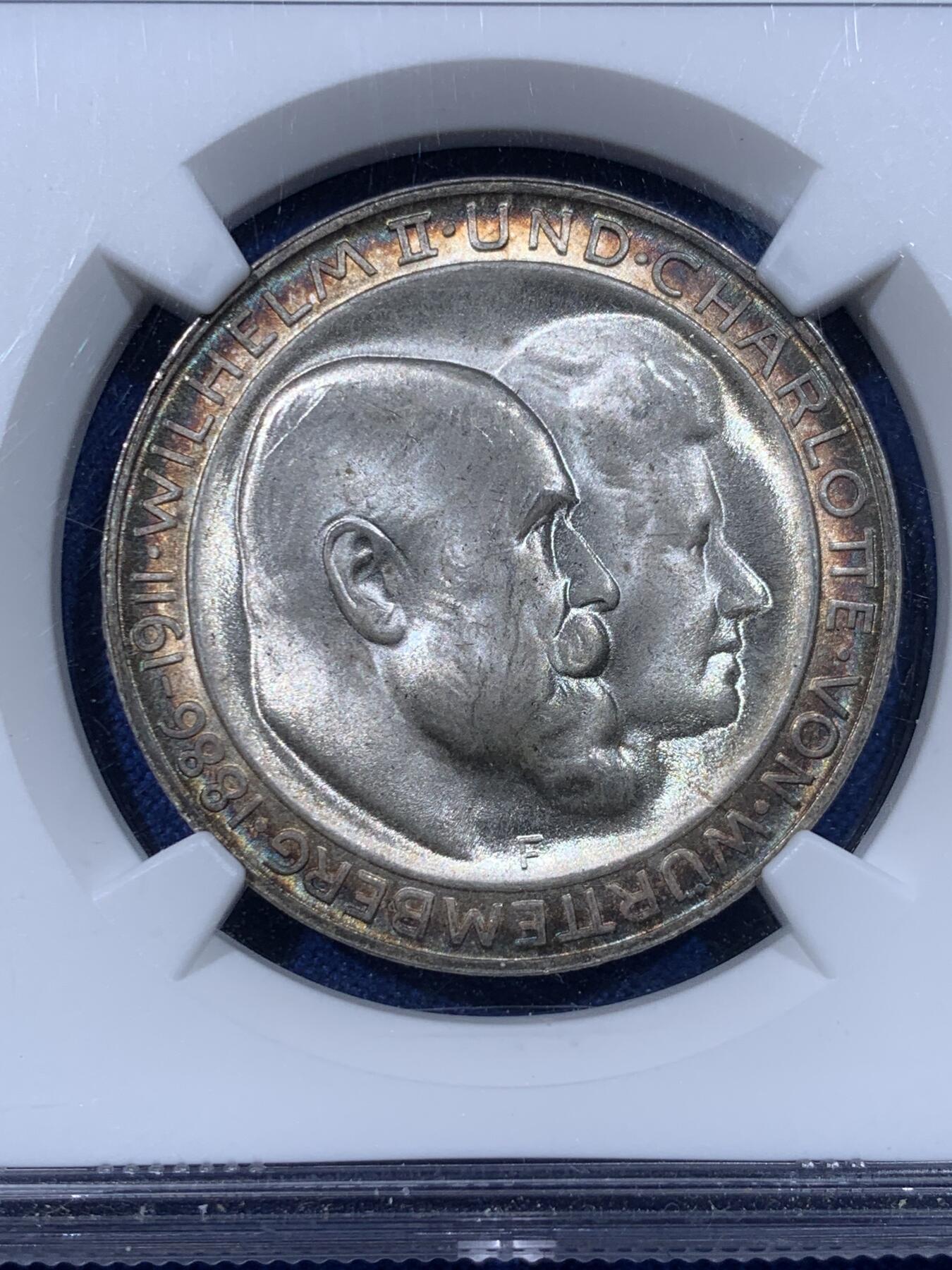 《竞宝斋》第442场 周日，周一，2场连拍 （全场包邮） NGC MS65 德国1911F符腾堡银婚3马克银币 顶级双面环彩 极致观感 可藏