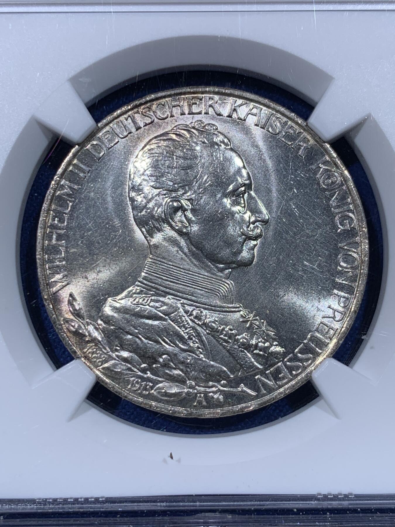 《竞宝斋》第442场 周日，周一，2场连拍 （全场包邮） NGC MS63 德国普鲁士1913年威廉二世即位25周年银禧纪念3马克银币 完整原光漂亮