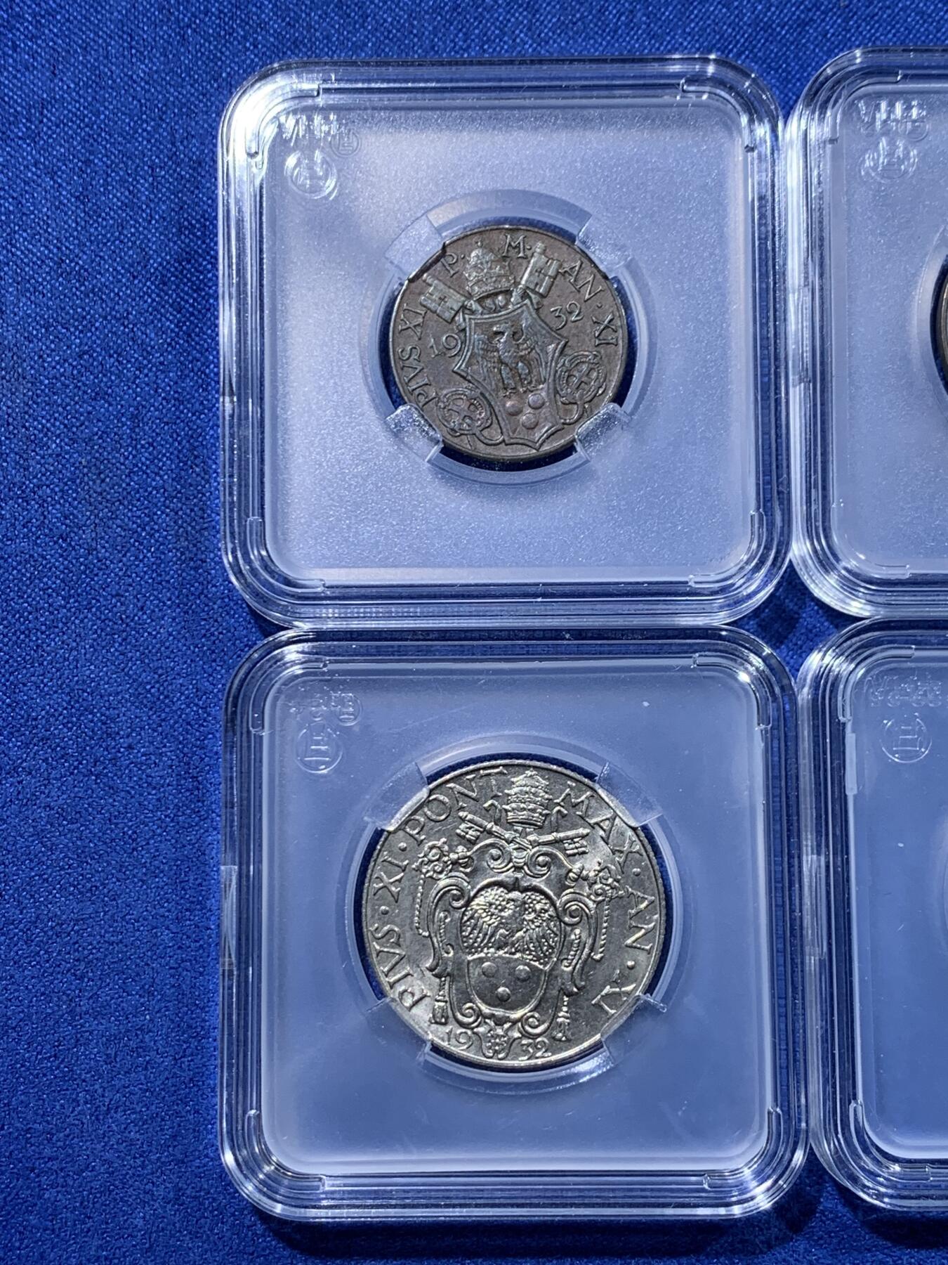 《竞宝斋》第442场 周日，周一，2场连拍 （全场包邮） 七枚一组 意大利梵蒂冈套装币，5里拉，2里拉，1里拉，50分，20分，10分，5分都是193X年，年份稍有不同状态都不错