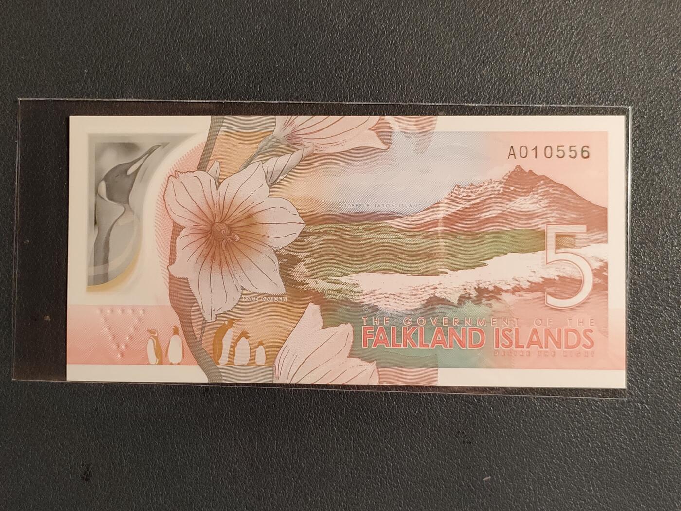 中外各国钞、纪念钞、券专场（第三十四场） 福克兰群岛5镑 塑料钞 2025年 A冠千位号 全新（号码寓意见尾图）
