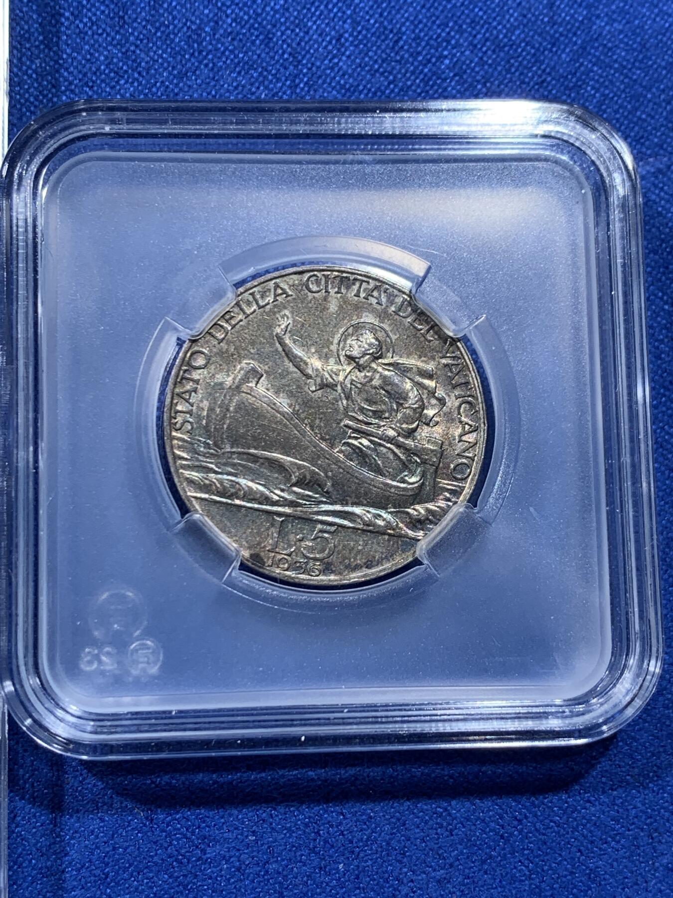 《竞宝斋》第442场 周日，周一，2场连拍 （全场包邮） 七枚一组 意大利梵蒂冈套装币，5里拉，2里拉，1里拉，50分，20分，10分，5分都是193X年，年份稍有不同状态都不错