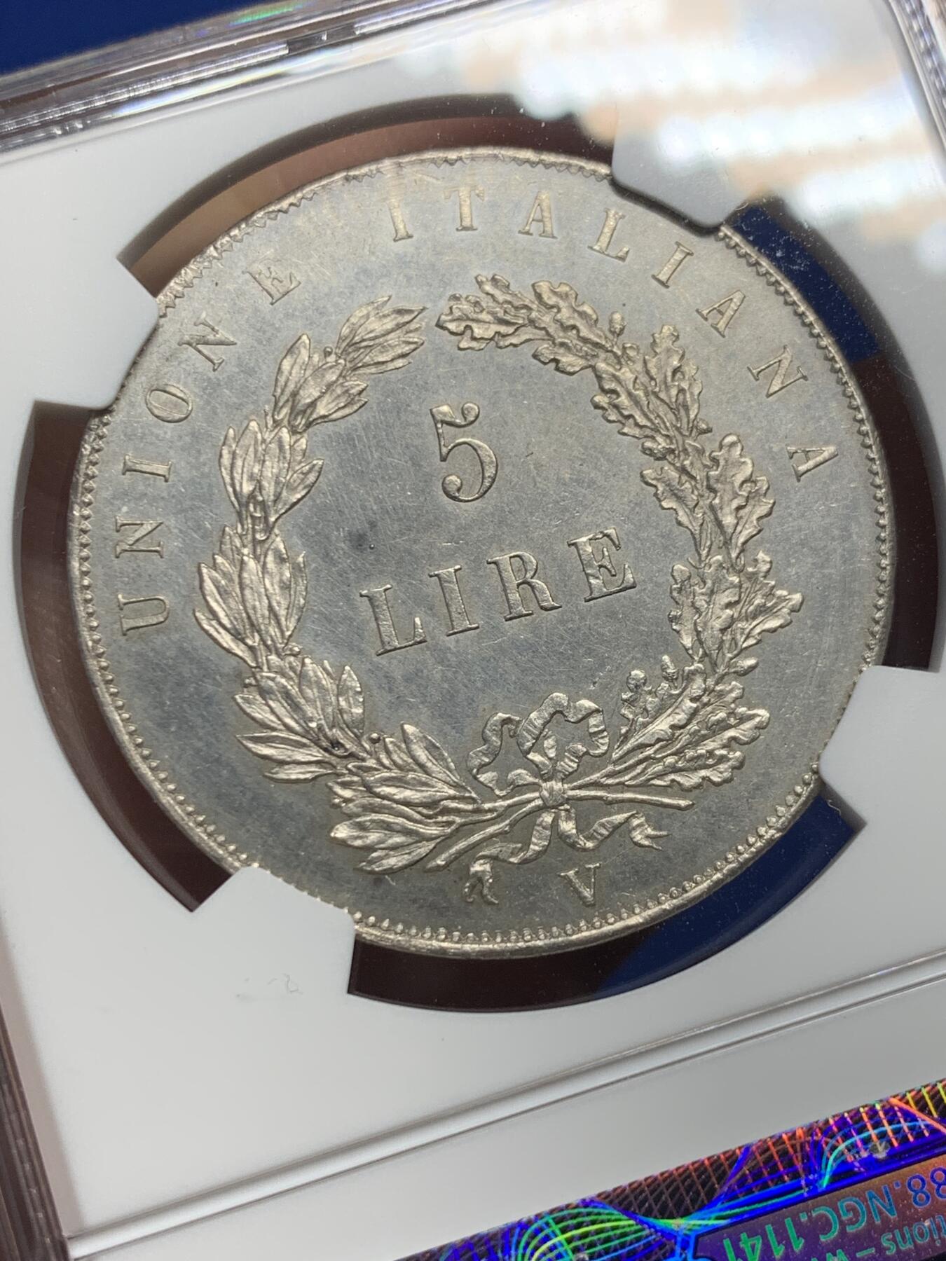 《竞宝斋》第442场 周日，周一，2场连拍 （全场包邮） NGC UNC 意大利 1848年 威尼斯革命临时政府飞狮5里拉 大银币 1.1W枚的发行量 性价比之选