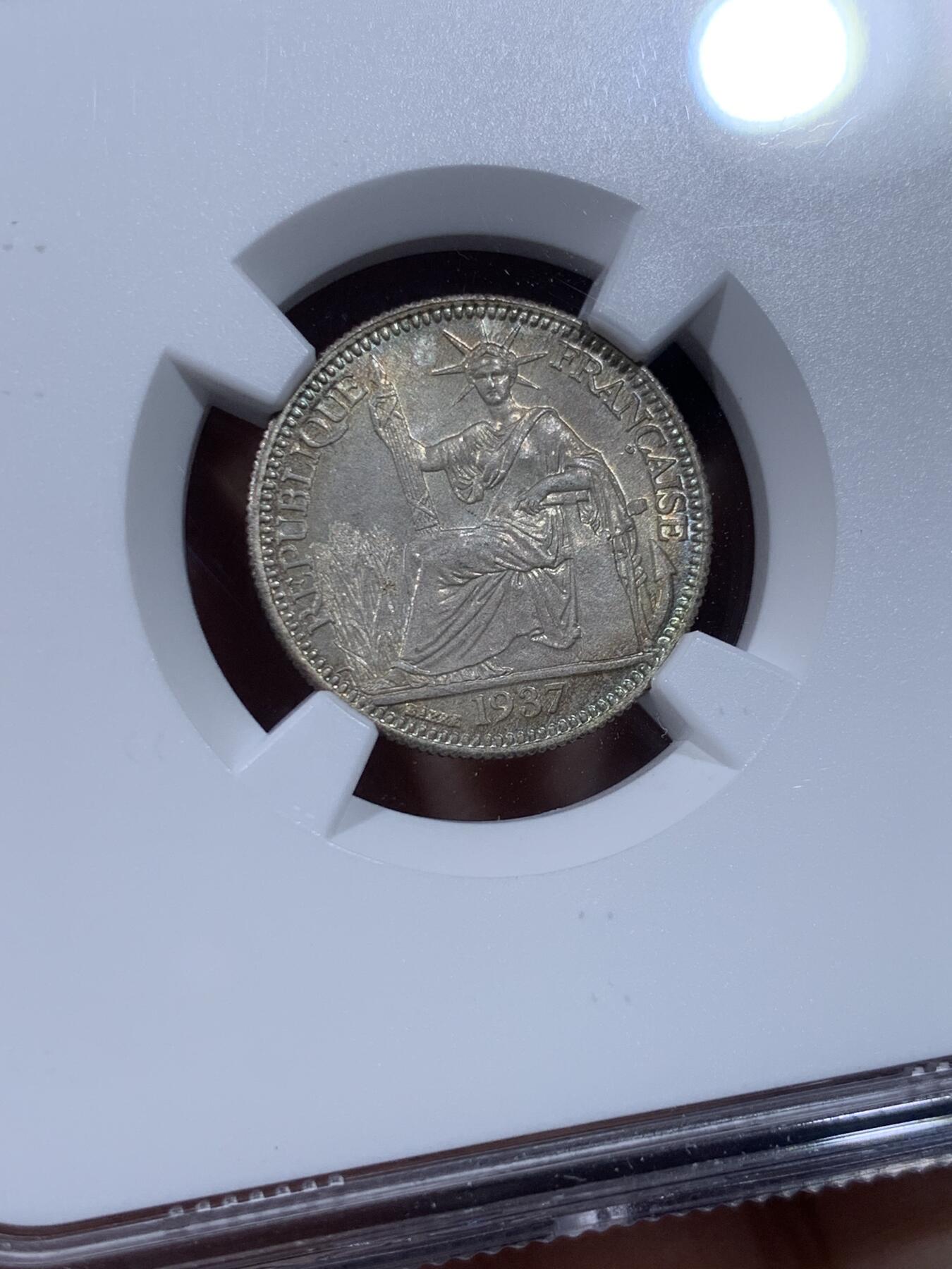 《竞宝斋》第442场 周日，周一，2场连拍 （全场包邮） NGC MS64 法属印度支那 1937年 10分 坐洋银币 原味包浆 稀缺小面额 品相好