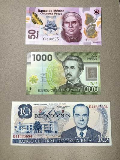 【礼羽收藏】🌏世界钱币拍卖第113期 - 墨西哥2019年50比索，智利2020年1000比索，哥斯达黎加1986年10科朗，全新UNC