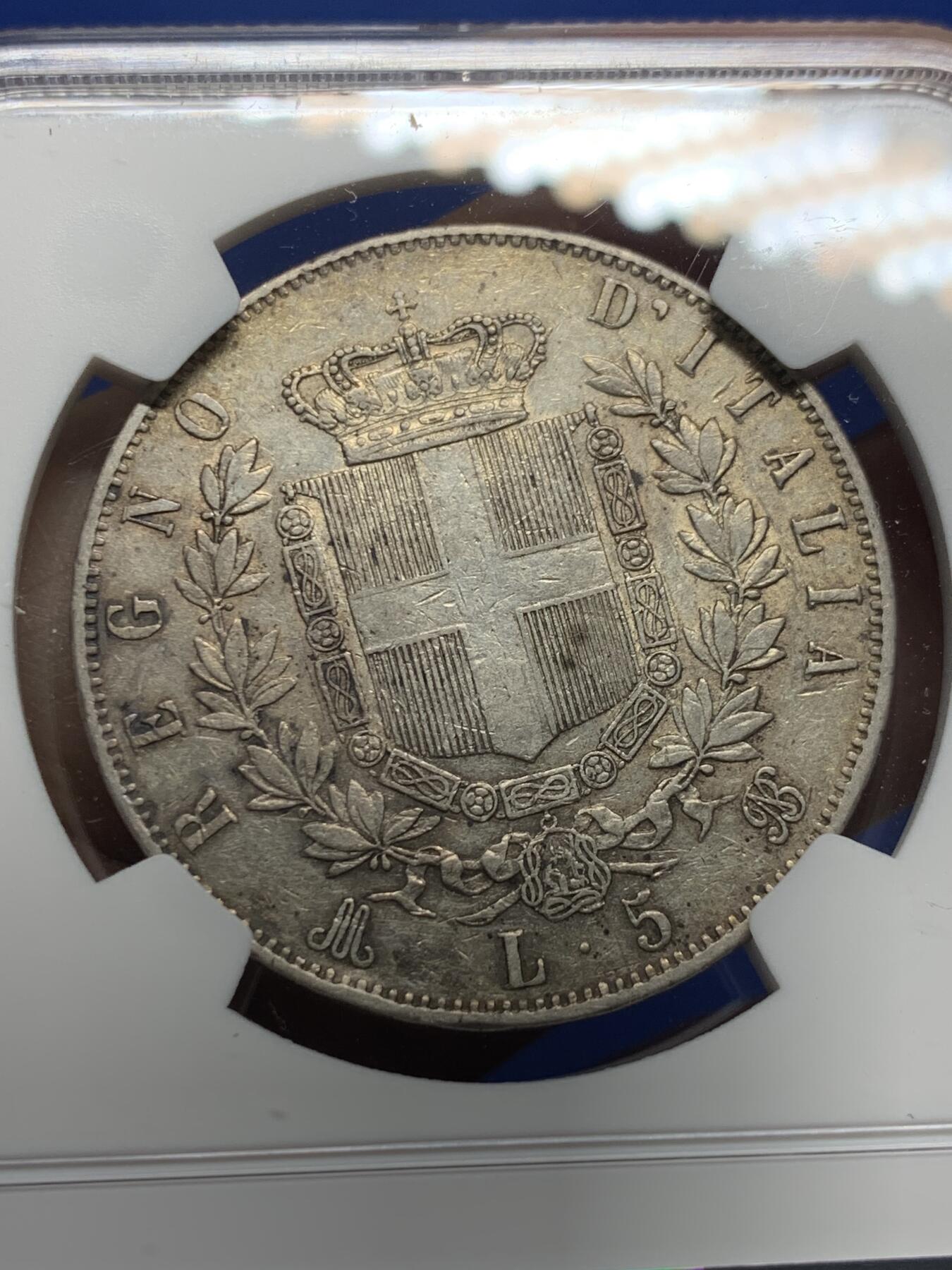 《竞宝斋》第442场 周日，周一，2场连拍 （全场包邮） NGC XF45 意大利1875年伊曼纽尔二世5里拉大银币 原味老包浆 带光带彩 AU状态低评