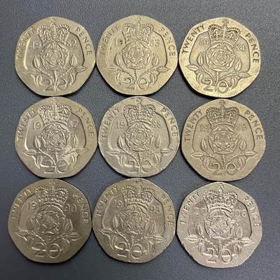 回流1123 - 英国1982-2006年20便士7边形不同年份9枚 皇家玫瑰