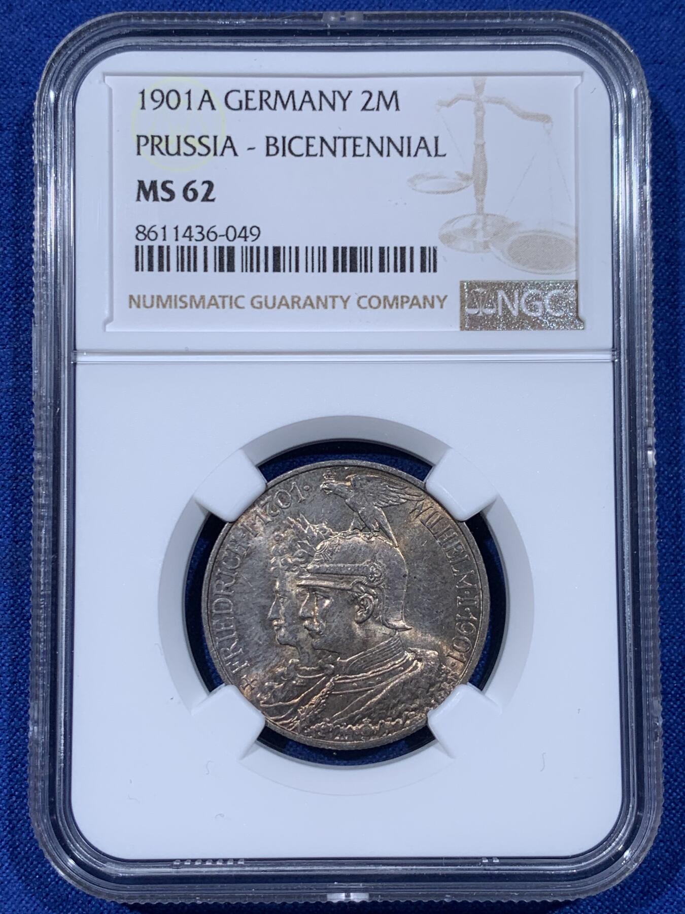 《竞宝斋》第442场 周日，周一，2场连拍 （全场包邮） NGC MS62 德国1901年普鲁士建国纪念2马克银币