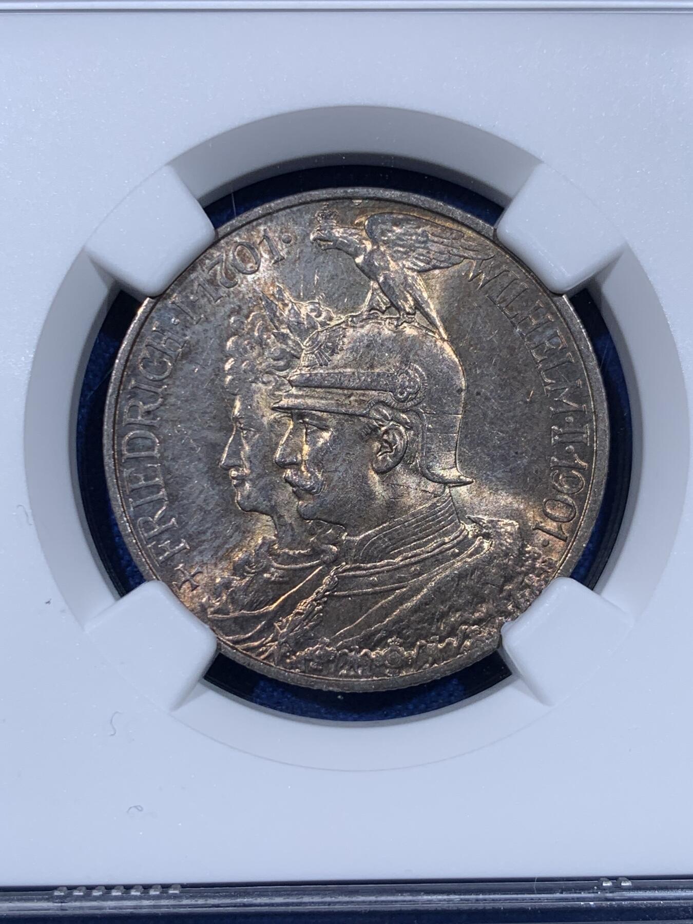 《竞宝斋》第442场 周日，周一，2场连拍 （全场包邮） NGC MS62 德国1901年普鲁士建国纪念2马克银币