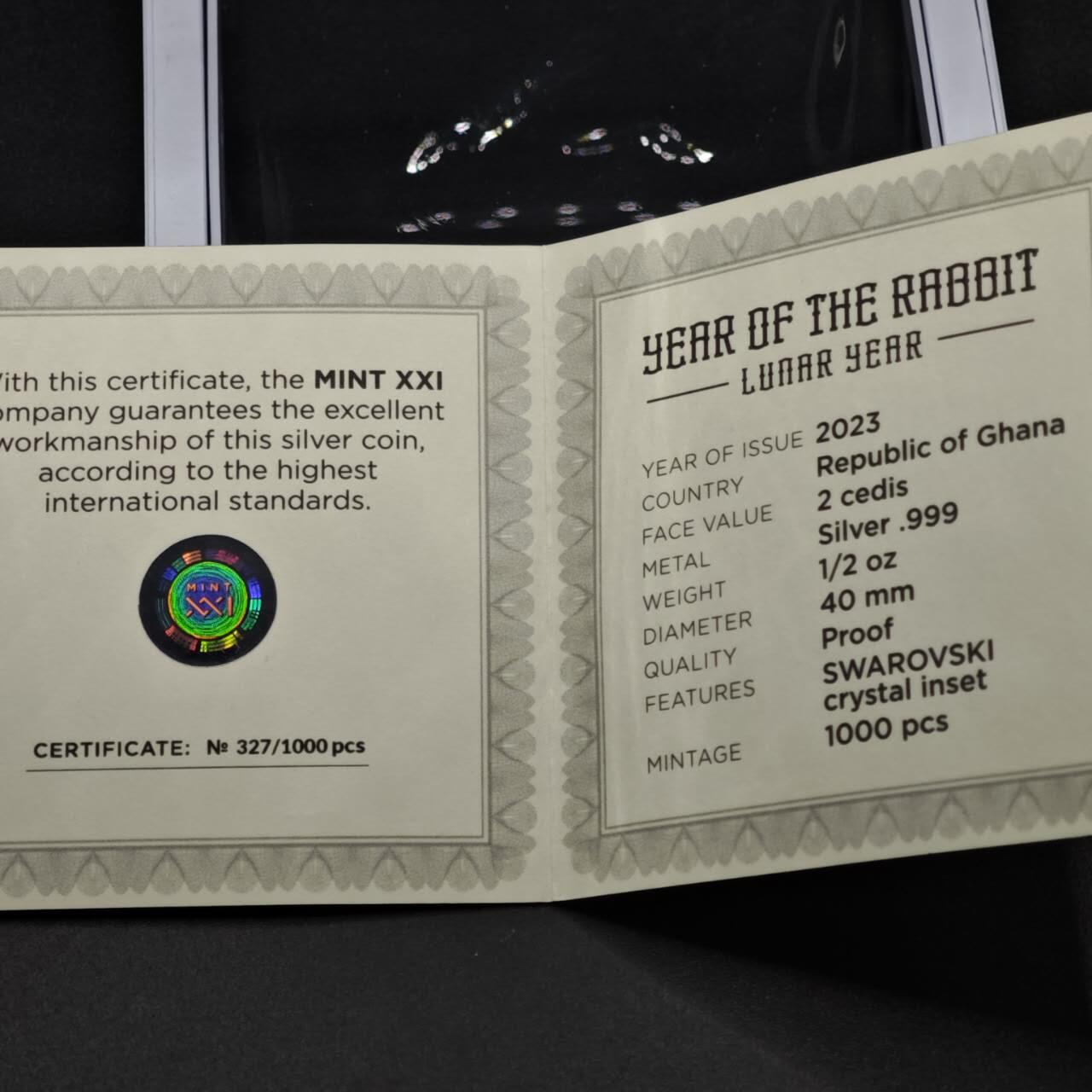 【淘币小摊】实时拍第八百零八拍   银币套币场   满百包邮可预留二周 每周一统一发货   2023年加纳2塞地镶水晶精制银币 农历系列-兔年 1/2盎司999银 发行量：1千 盒证全（非原盒）