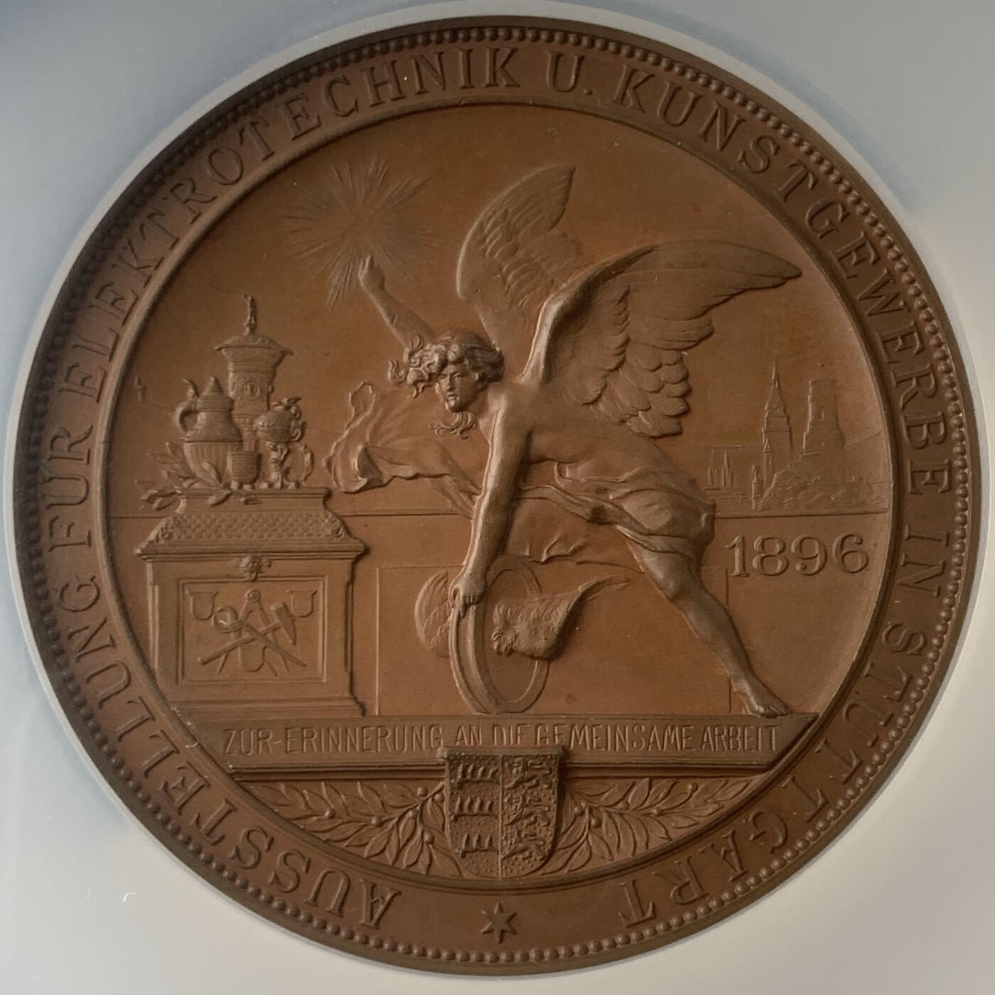 掌中浮雕-藏着的欧洲第043场 NGC MS65 : 1896年德国斯图加特电气工程和艺术展览会铜章，60mm，Mayer & Wilhelm出品
