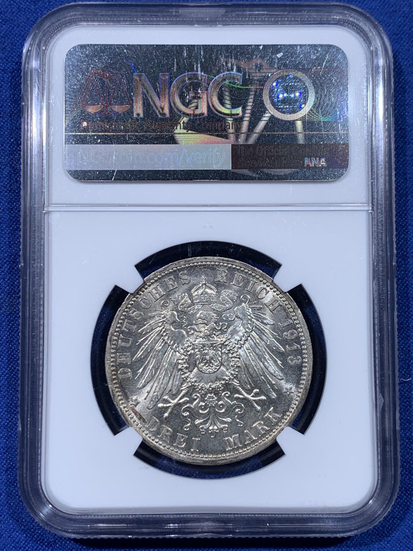 《竞宝斋》第442场 周日，周一，2场连拍 （全场包邮） NGC MS63 德国普鲁士1913年威廉二世即位25周年银禧纪念3马克银币 完整原光漂亮