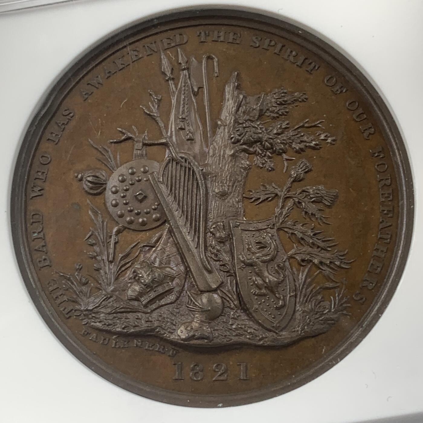 掌中浮雕-藏着的欧洲第043场 NGC MS63 : 1821年英国诗人司各特铜章，T. Webb and B. R. Faulkner雕刻, J. Mudie出品, 40.5mm，少见品种