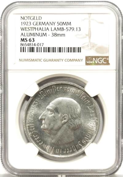 博洋堂世界钱币拍卖第149期（全场包邮） - NGC MS63 德国德紧威斯特伐利亚1923年5000万马克马币
