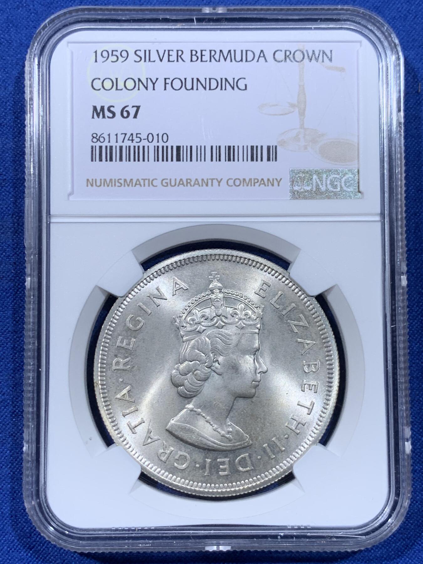 《竞宝斋》第442场 周日，周一，2场连拍 （全场包邮） NGC MS67 百慕大1959年1克朗纪念大银币，超级暴光高分，一枚即可永久入藏