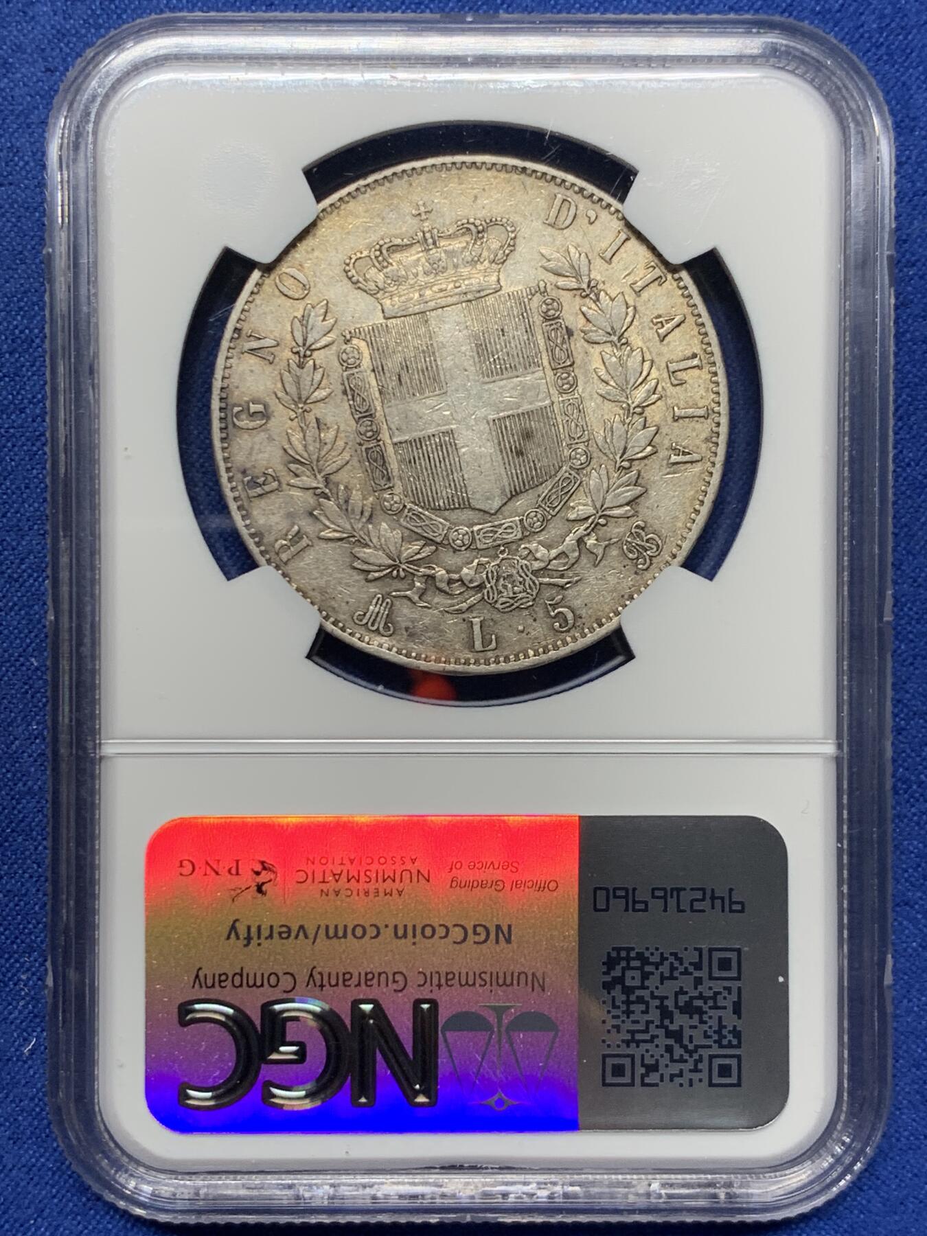 《竞宝斋》第442场 周日，周一，2场连拍 （全场包邮） NGC XF45 意大利1875年伊曼纽尔二世5里拉大银币 原味老包浆 带光带彩 AU状态低评