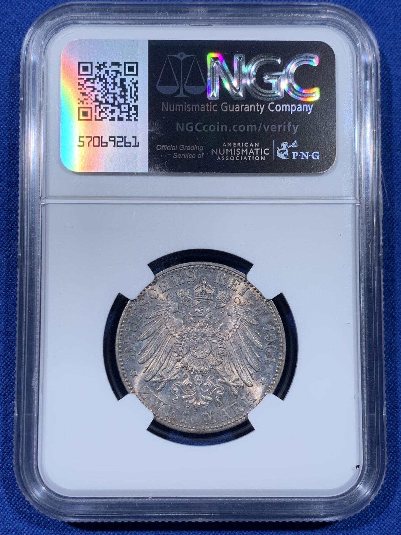 《竞宝斋》第442场 周日，周一，2场连拍 （全场包邮） NGC MS62 德国1901年普鲁士建国纪念2马克银币