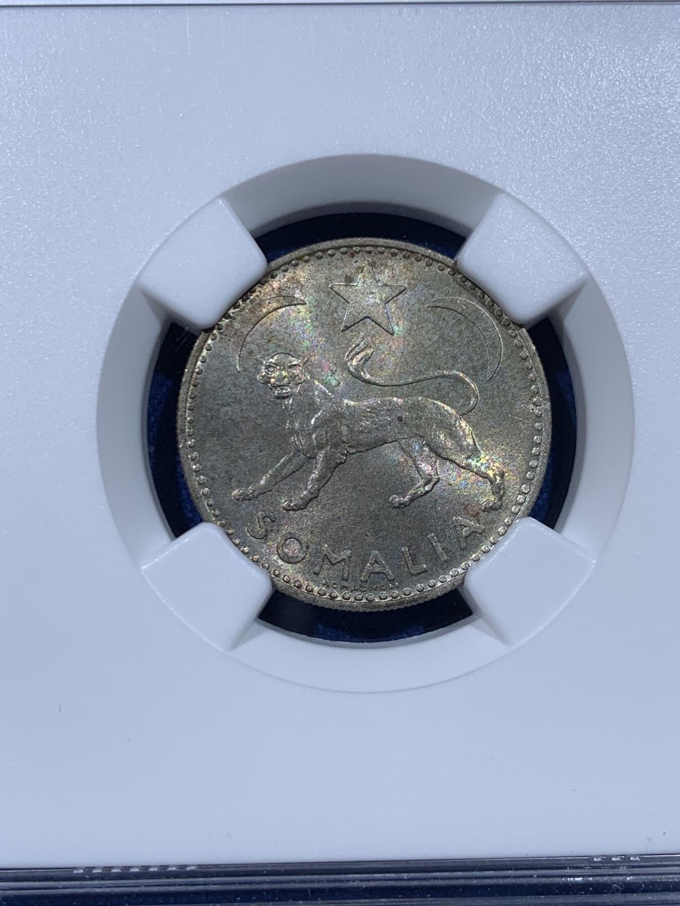 《竞宝斋》第442场 周日，周一，2场连拍 （全场包邮） NGC MS63 意属索马里1950年花豹50分银币 包浆不错