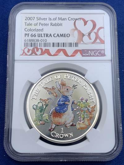《竞宝斋》第442场 周日，周一，2场连拍 （全场包邮） - NGC PF66UC 英属马恩岛 2007年 1克朗 彩色彼得兔 精制银币 少见稀缺品种的彼得兔系列小岛币，彩色版本评分都不会太高