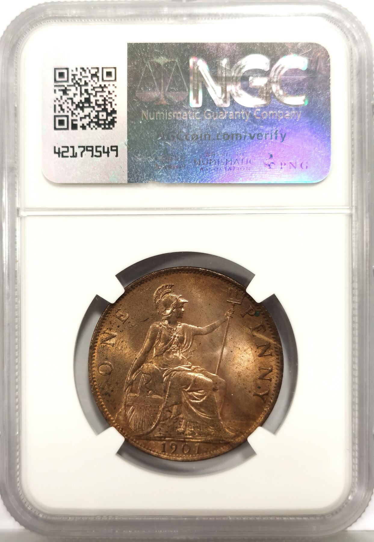 博洋堂世界钱币拍卖第149期（全场包邮） NGC MS63RB 英国1901年维多利亚披纱1便士 原色铜光