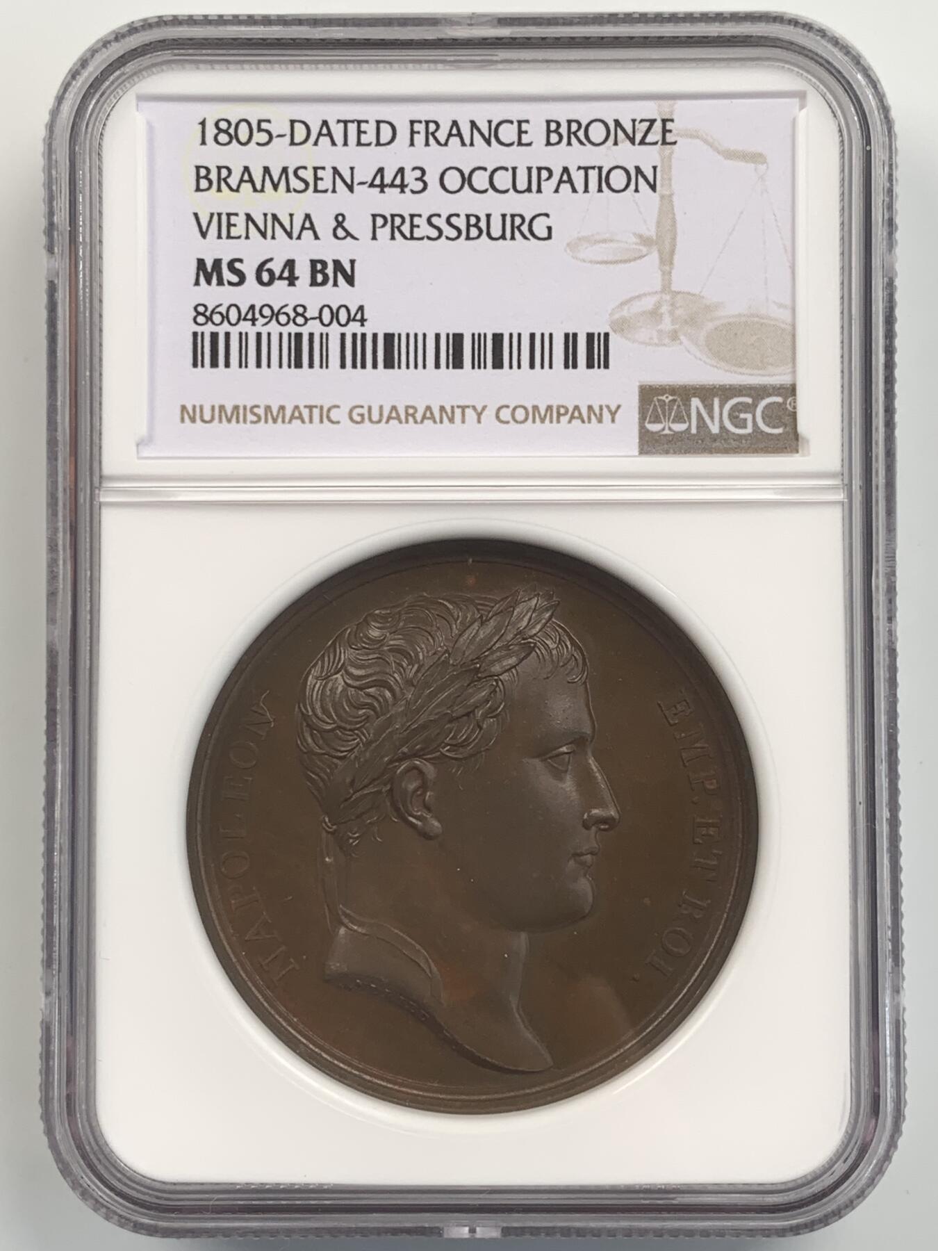 掌中浮雕-藏着的欧洲第043场 NGC MS64 : 1805年攻占维也纳与普雷斯堡纪念铜章，41mm，目录编号Bramsen 443; Julius 1439，光边无边铭