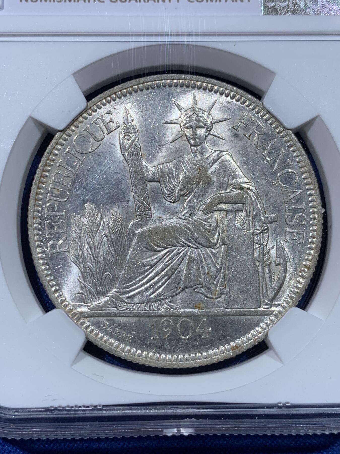 《竞宝斋》第442场 周日，周一，2场连拍 （全场包邮） NGC UNCD 法属印支 1904年 坐洋 1皮阿斯特 银币