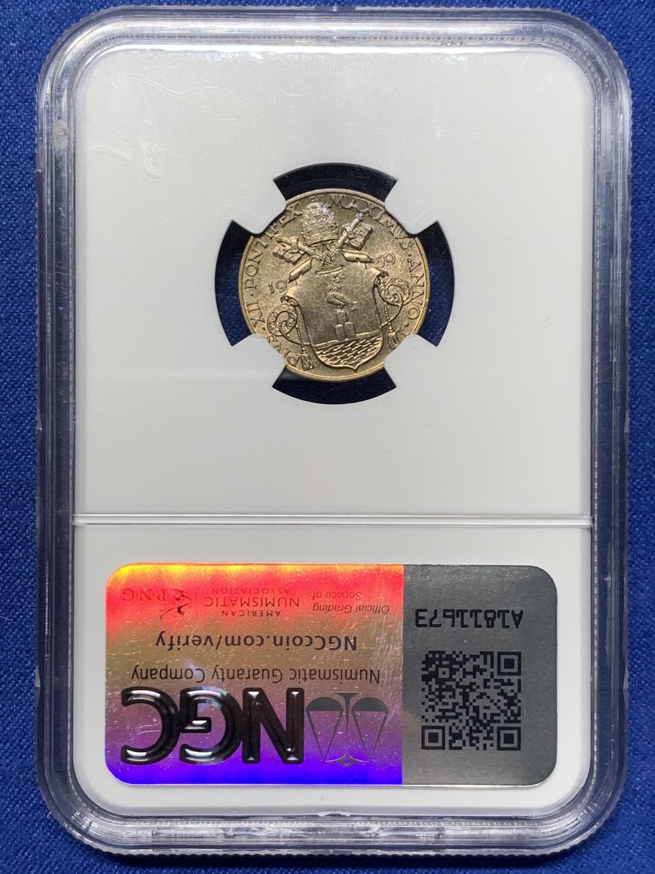 《竞宝斋》第442场 周日，周一，2场连拍 （全场包邮） NGC MS64 梵蒂冈 1939 教皇国 5分