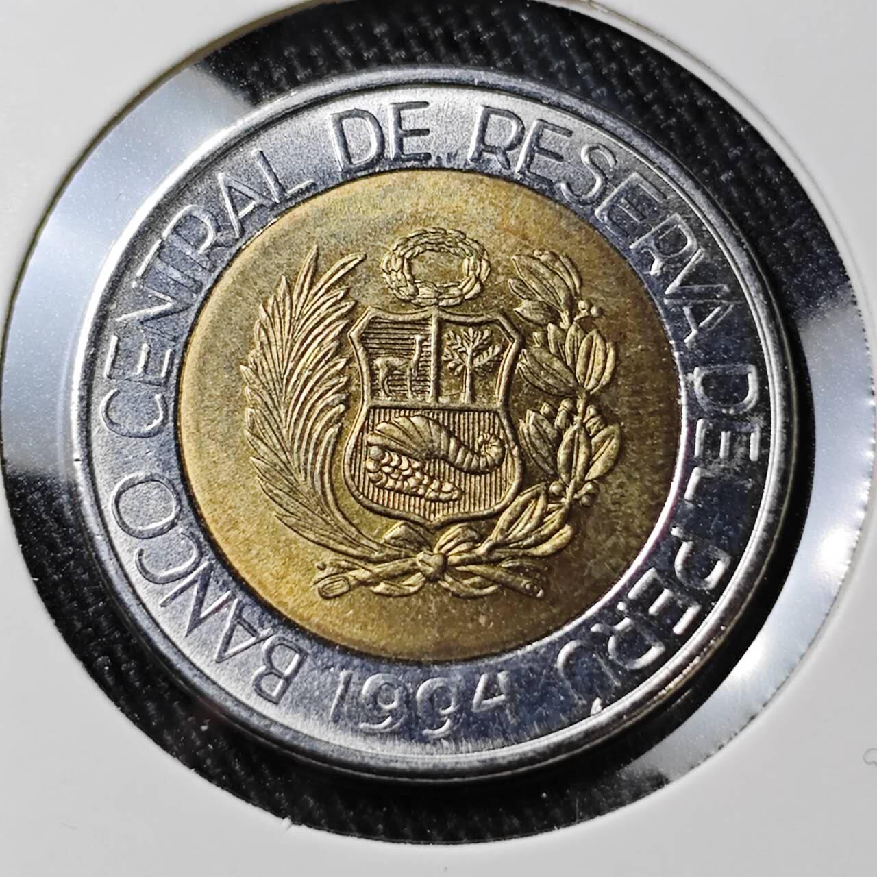 KK钱币收藏小铺 （套币 好品/批量散币 银币）专场  2月预留时间 周末发货  1994秘鲁5索尔双色币 好品少见！