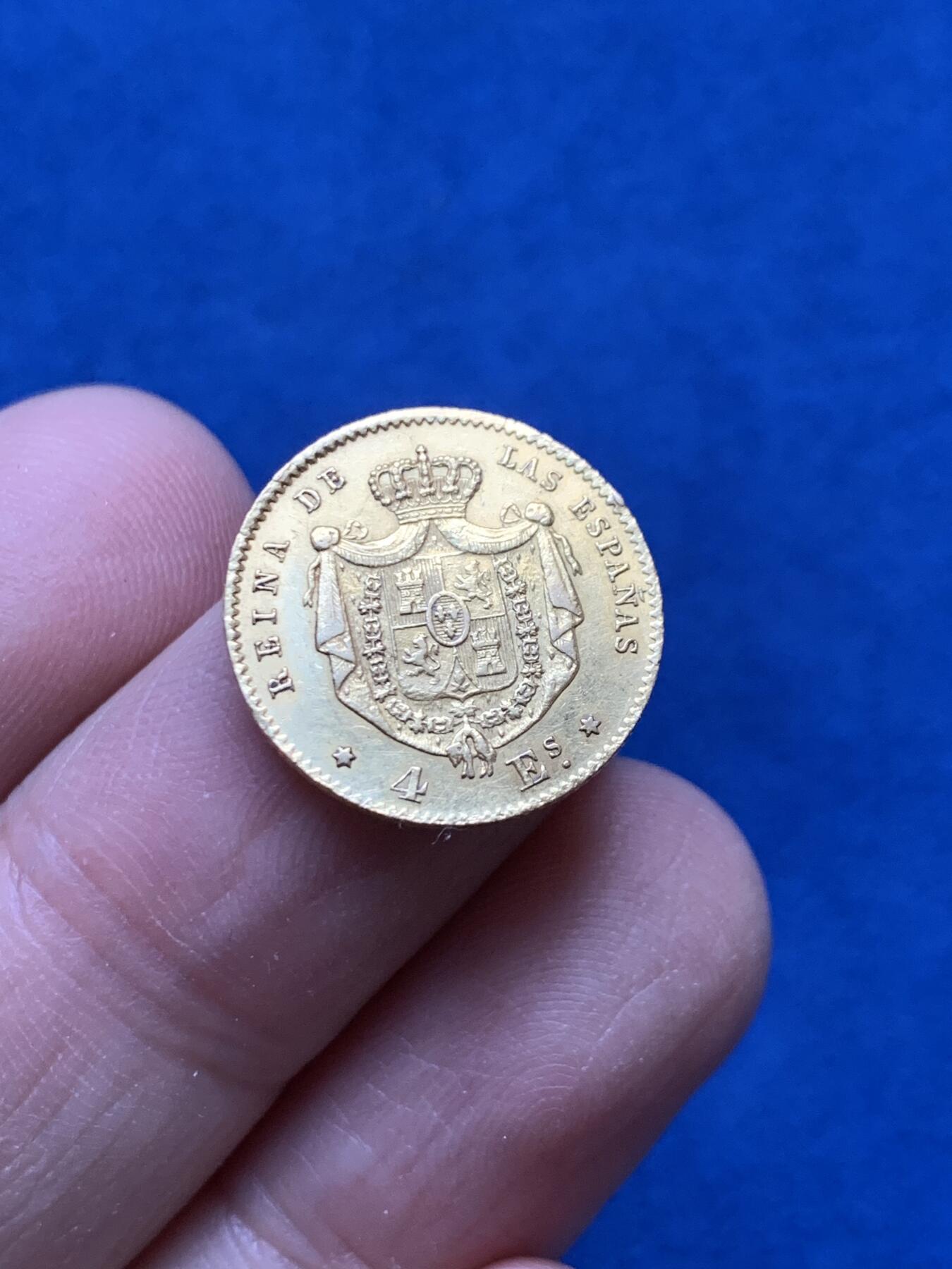 《竞宝斋》第442场 周日，周一，2场连拍 （全场包邮） 西班牙1866年伊莎贝拉二世4E金币 18mm 3.38g 875金