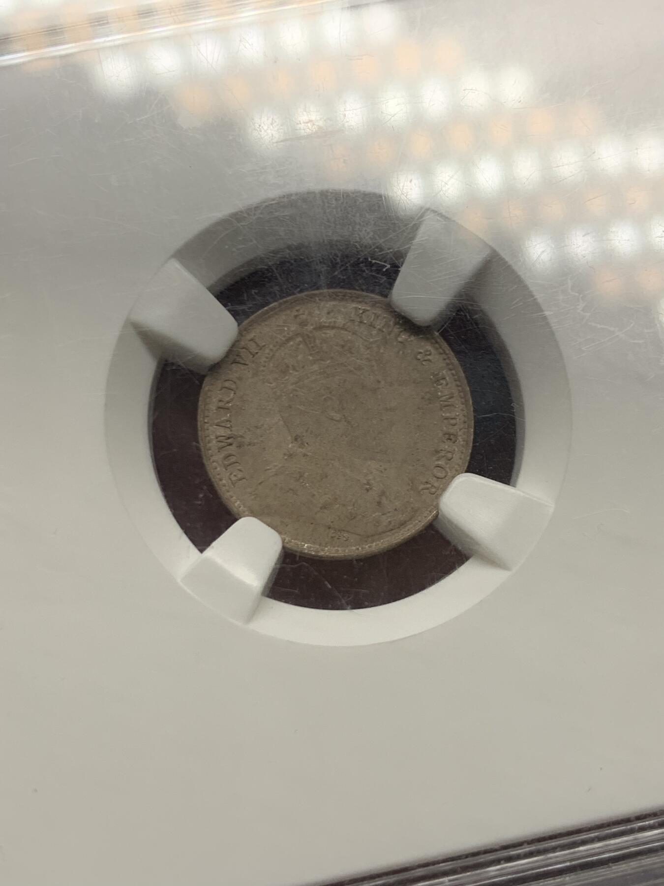 《竞宝斋》第442场 周日，周一，2场连拍 （全场包邮） NGC MS63 香港 1905年H 爱德华七世 五仙 银币 老盒子