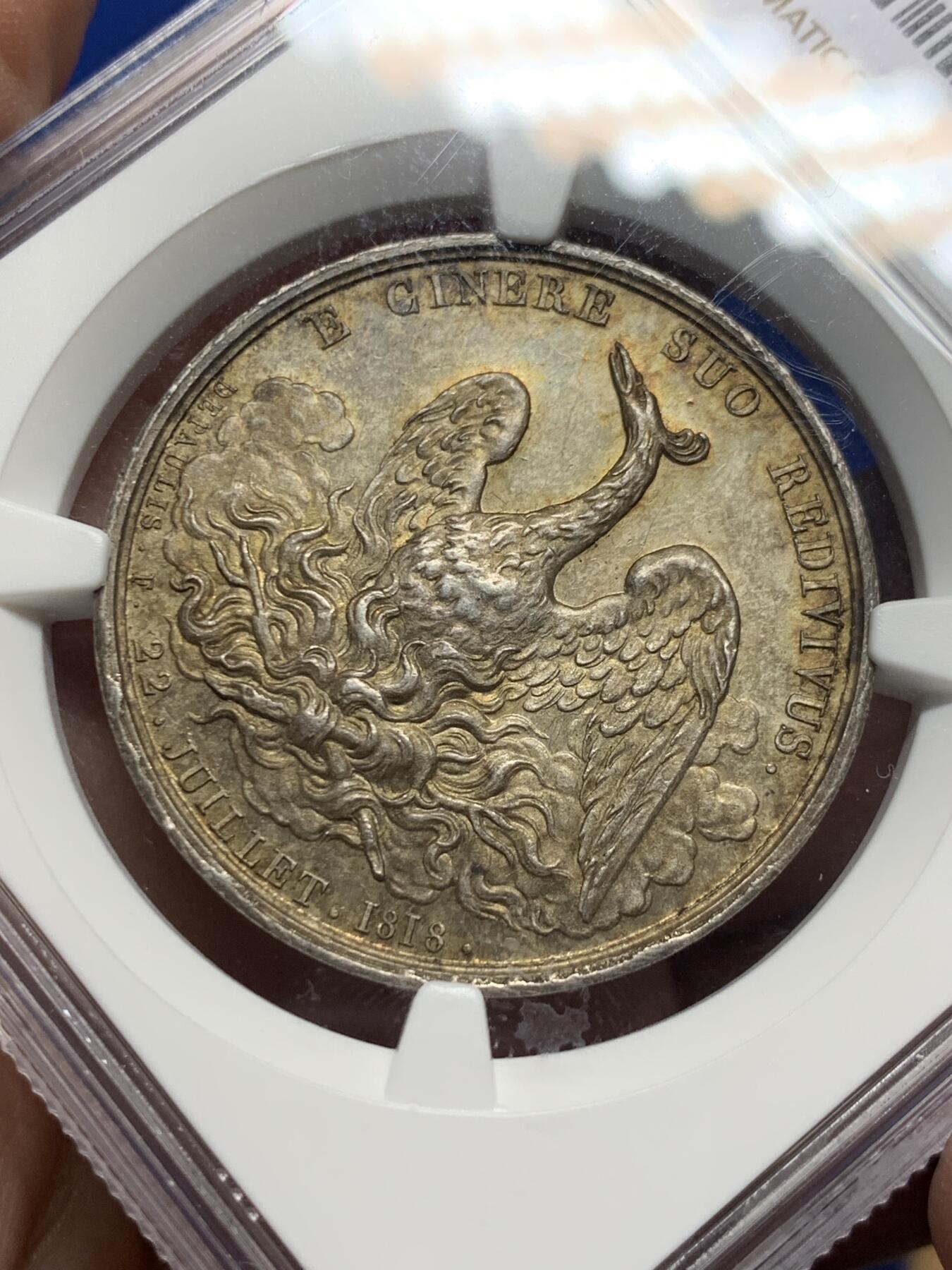 《竞宝斋》第442场 周日，周一，2场连拍 （全场包邮） NGC MS62 少见圆形火灾互助保险银章，浴火凤凰，边铭少见：BOW